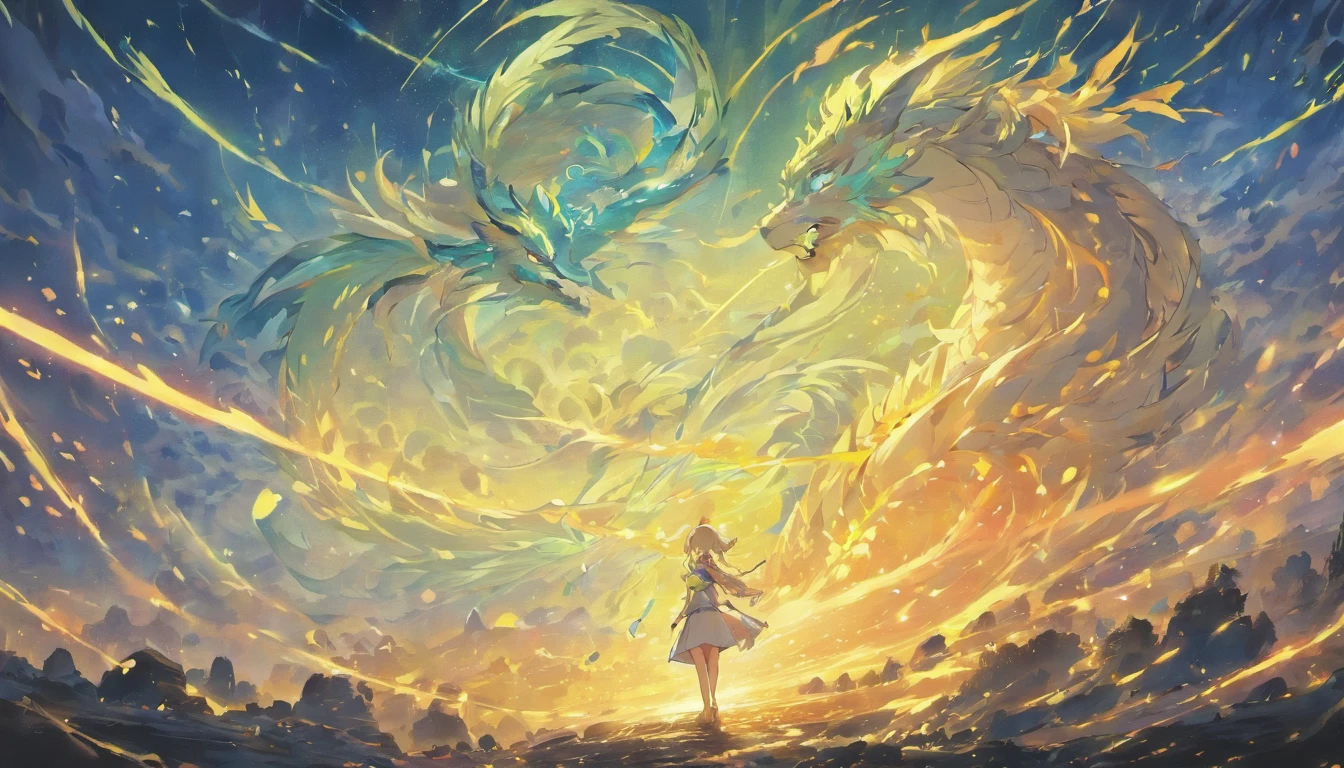 The Chinese White Divine Dragon soared into the air,(Girl manipulates dragons:1.3),(The girl has her back to the camera:1.3),Sky clouds surround the surroundings,Light magic,Fantastic background,Meaning background,Ridiculous background,There are artistic overlays,multicolored hair, surrealism, Cinematic lighting, Ray tracing, god light, speed-line, angle of view, hyper HD, Masterpiece, Best quality, Super detail, A high resolution, High quality,(Far view:1.3)