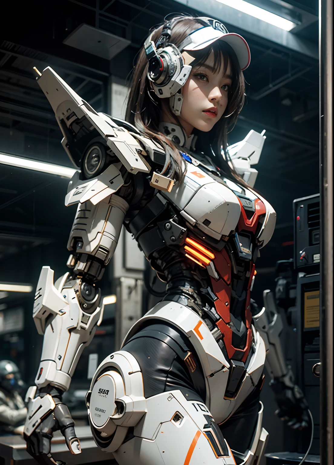 Textured skin, Super Detail, high details, High quality, Best Quality, hight resolution, 1080p, hard disk, a beauty、She wears a futuristic war machine mech(War Machine)