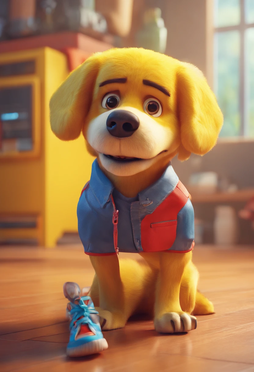 Yellow dog with a square face, on two legs,14 years old, with a red T-shirt, in blue jeans, in red and white sneakers, with firearms