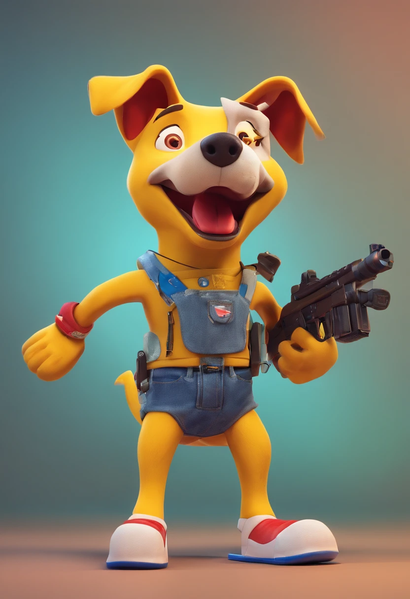 Yellow dog with a square face, on two legs,, with a red T-shirt, in blue jeans, in red and white sneakers, with firearms