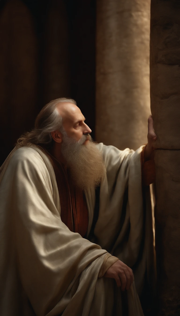 (best quality,ultra-detailed,realistic:1.37),long robed apostle Paul looking at the canvas,religious attire,ultra photo-realistic rendering,religious symbolism,peaceful expression,medieval art style,monastery ambiance,vibrant colors,soft lighting.