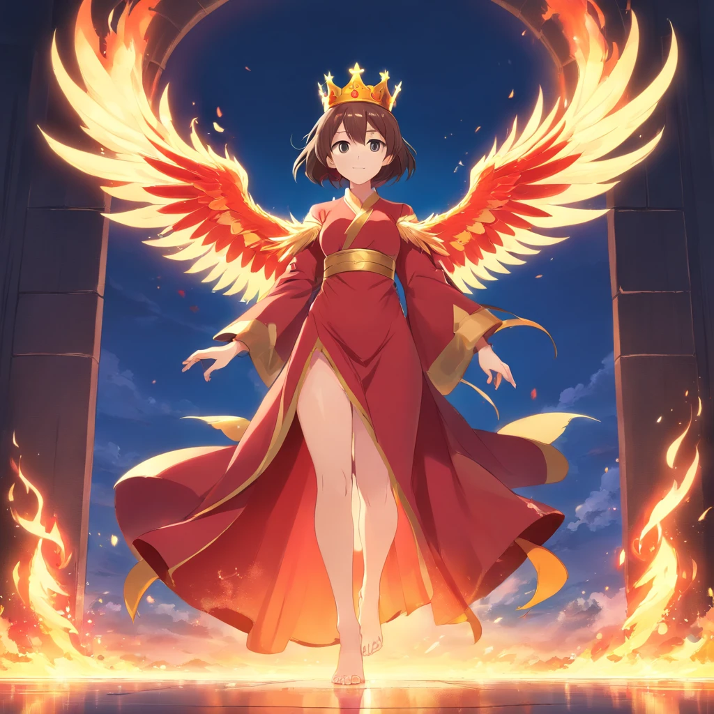 Wearing a crown, Woman in red dress, the fire goddess, medieval, Phoenix wings, the fire queen, female lord of change, baroque hibiscus queen, goddess of anger, a queen, pagan goddess, There is a flame under the soles of the feet, Cloak, Stand sideways, full bodyesbian, Tilt your head slightly, eye closeds, Hold the gem high,huge tit