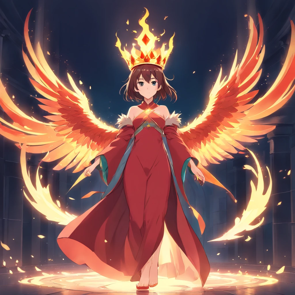 Wearing a crown, Woman in red dress, the fire goddess, medieval, Phoenix wings, the fire queen, female lord of change, baroque hibiscus queen, goddess of anger, a queen, pagan goddess, There is a flame under the soles of the feet, Cloak, Stand sideways, full bodyesbian, Tilt your head slightly, eye closeds, Hold the gem high,huge tit