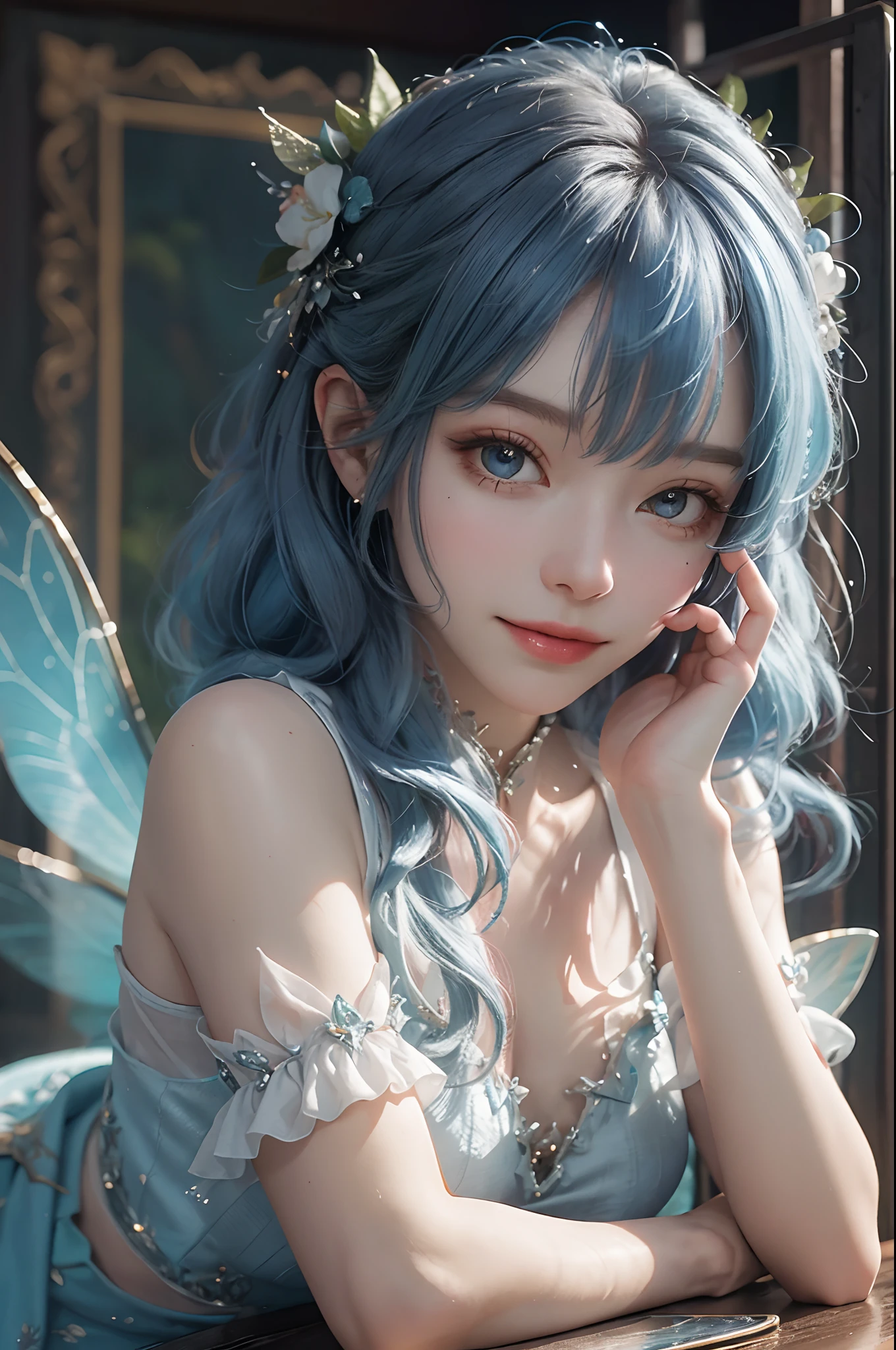 There is a woman with fairy wings sitting on the bed, fairy tale aesthetics, beautiful adult fairy, beautiful fairy, portrait of a fairy, beautiful fairy, light blue hair, fairy core, ethereal fairy tale, beautiful fairy, portrait of a fairy, fairy, ethereal wings, fairy, beautiful adult book fairy, ethereal fantasy, smiling like fairy queen, fairy queen, ((masterpiece)), 16K, UHD, random posing