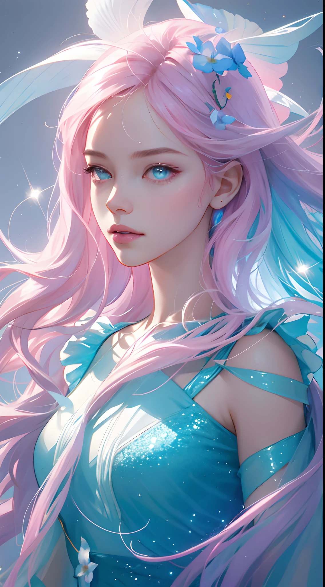 one-girl，Light pink and light blue style，Vivid collective composition，glittery，carefully designed，flowerpunk，high detal，high qulity，Good atmosphere，delicated，cg render，detail render，（Delicate facial portrayal）（Fine hair depiction）（highest  quality）（Master masterpieces）（High degree of completion）（a sense of atmosphere）(half-body portrait)