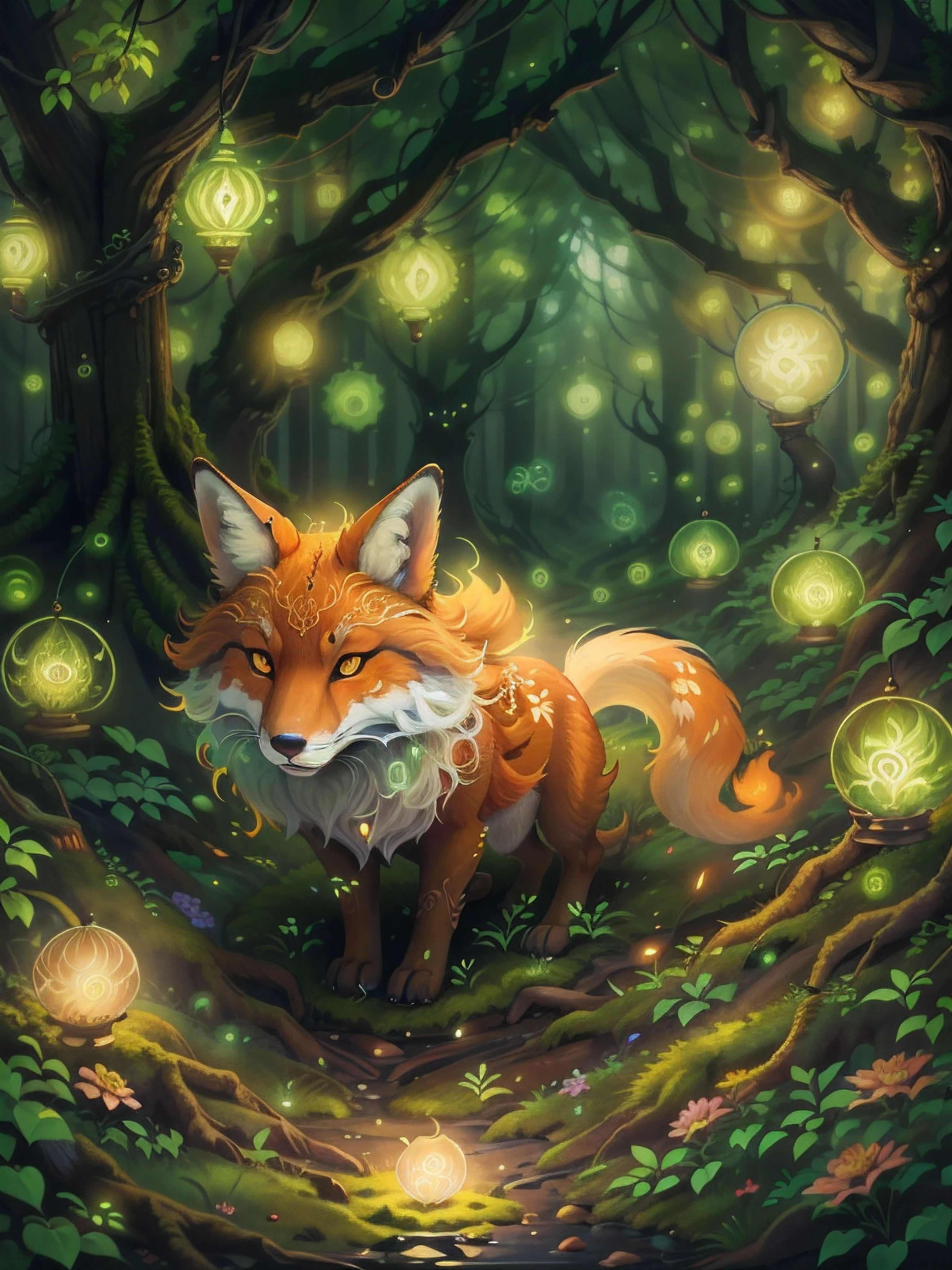 A beautiful digital painting of a nine tailed fox in a mystical forest. The fox is surrounded by glowing orbs of light and the forest is filled with lush green trees and flowers. The painting has a warm and inviting feeling.