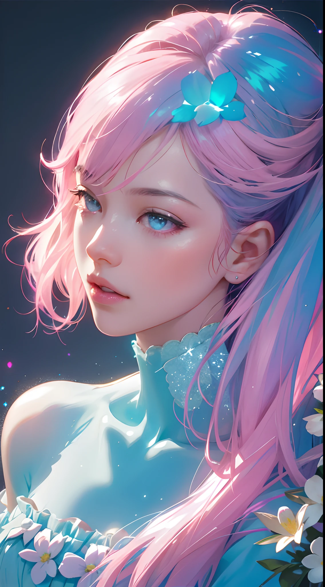one-girl,Light pink and light blue style,Vivid collective composition,glittery,carefully designed,flowerpunk,high detal,high qulity,Good atmosphere,delicated,cg render,detail render,(Delicate facial portrayal)(Fine hair depiction)(highest quality)(Master masterpieces)(High degree of completion)(a sense of atmosphere)(half-body portrait)