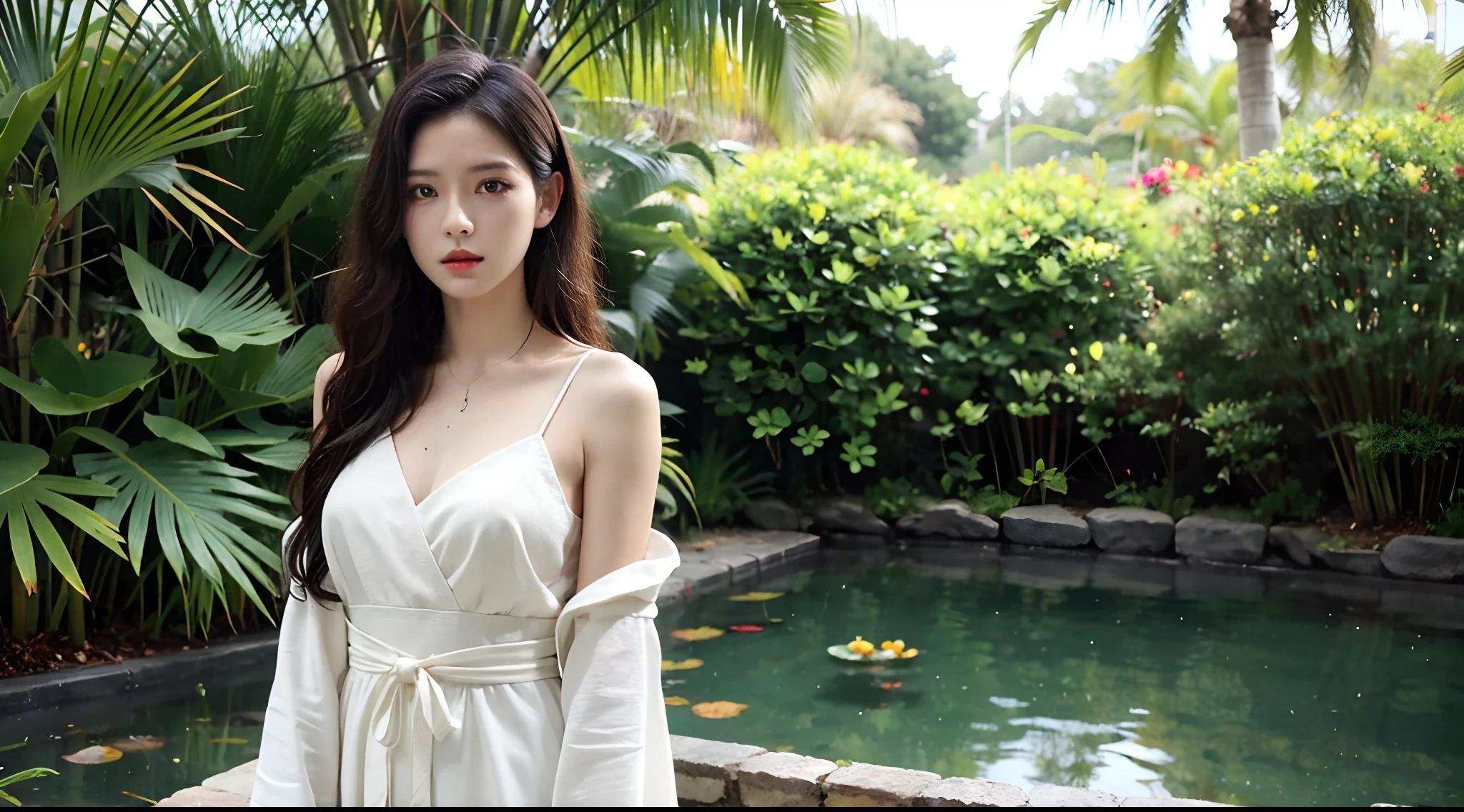 Front light,tree, plant, Palm_tree, water, 1girll, flower, pond, cropped shoulders,shift dresses,Play with clothes, Hair_decorations, potted_plant, Hair_flower, Lily_pads, Solo, Bamboo, branch, Lake,,, day, sash, Looking_at_peeping at the viewer, Grass, Bush, bridge, Obi, Wide_Sleeves,, Long_Hair, leafs,Bigchest,(A half body:1.2),Face lighting