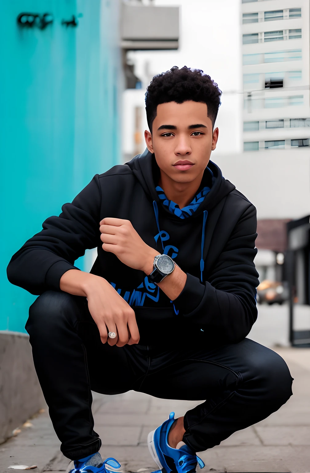 arafed man squatting on the sidewalk in front of a blue building, wearing jeans and a black hoodie, photo in style of tyler mitchell, mid shot portrait, wearing a blue hoodie, wearing a neon blue hoodie, detailed portrait shot, wearing a watch, arian mark, portrait shot, casual pose, wears a watch, in style of tyler mitchell, asher duran