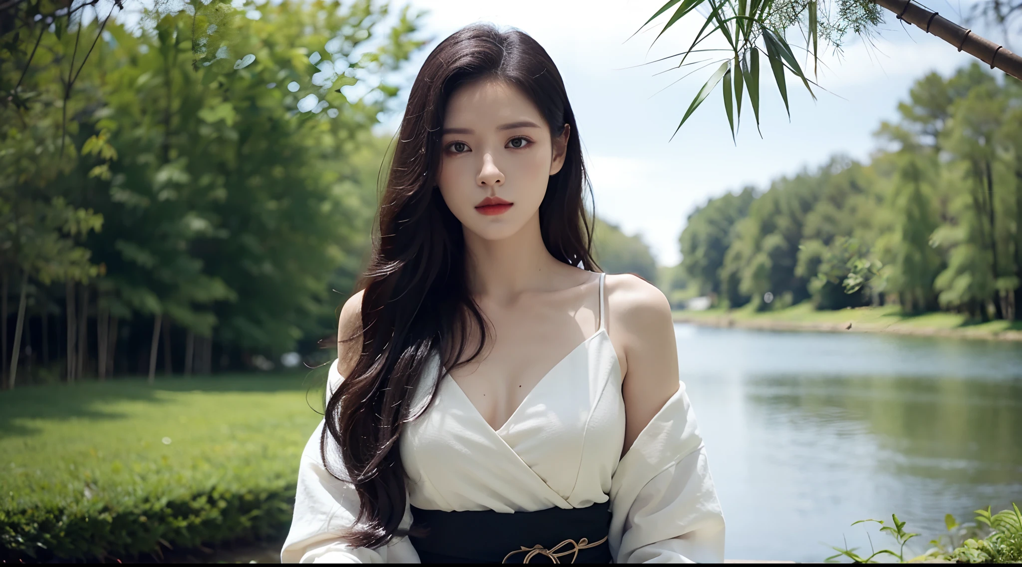 Realiy,8K,超高分辨率,Front light,rays of sunshine,Background bokeh,depth of fields,photographed,playground,roller coasters,baiyun,cotton candy, Female celebrities,long whitr hair,cropped shoulders,shift dresses,formal outfit, Hair_decorations, (Solo,solo person), Lace long gloves,jewelry,sash, Looking_at_peeping at the viewer, Bigchest,(中景 the scene is,A half body:1.2),Face lighting