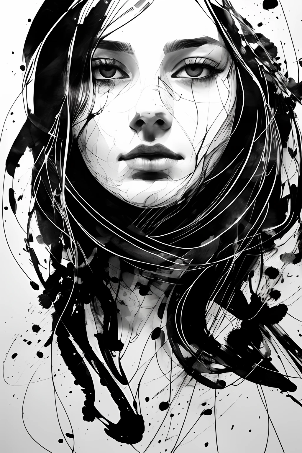 scribble, a drawing of a beutiful woman's face with black ink on a white background, very expressive face, black ink painting, abstract portrait, expressive faces, abstract face, black ink drawing, agnes cecile, black and white artwork, scribble art, ink art, by Mirko Rački, expressive beautiful painting, melancholic face,, (scribble:1.3)