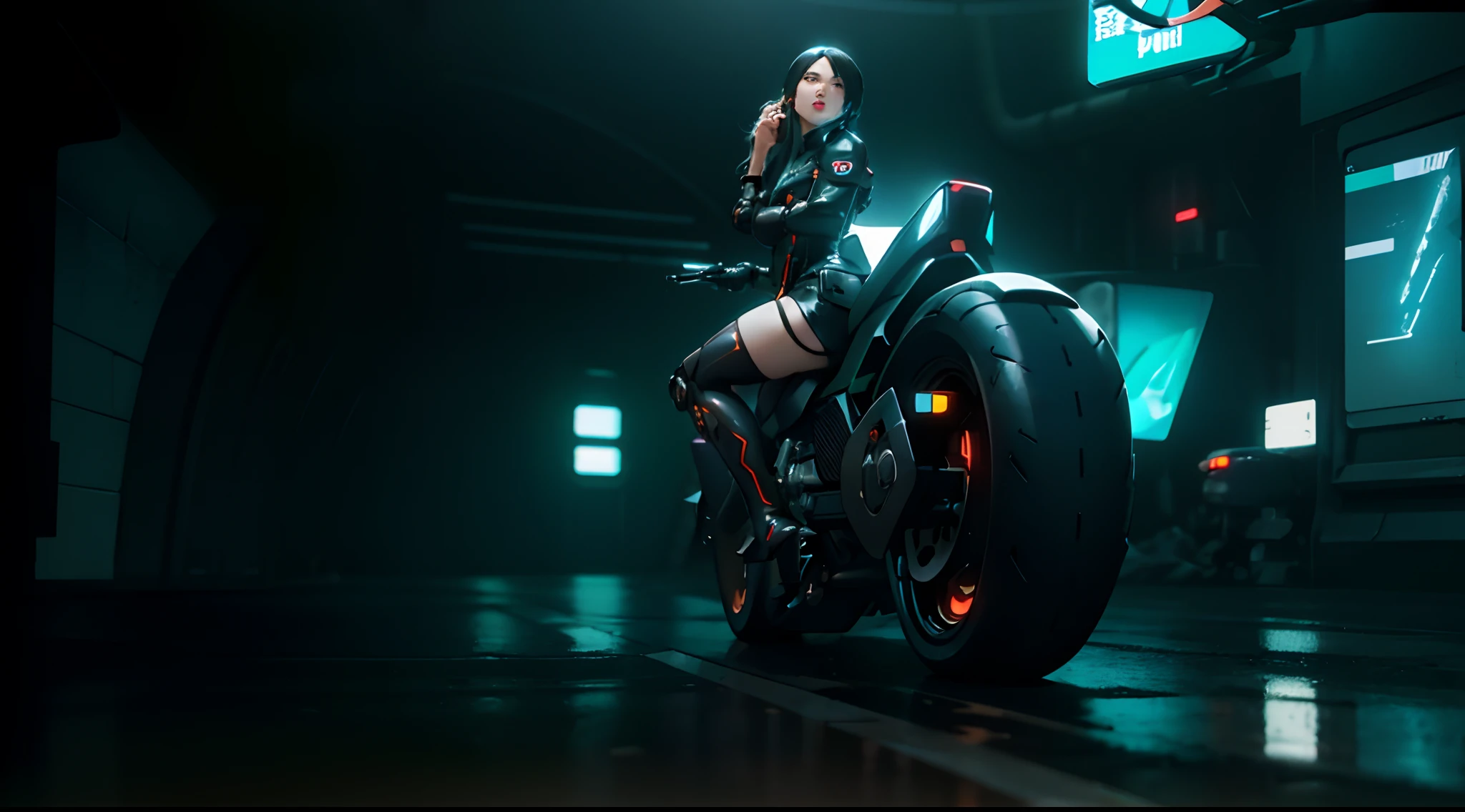 C7b3rp0nkStyle, dark night, prehistoric maze mysterial park, moai statue, waterfall, eagle, cyberpunk, sci-fi, futuristic, tech. (((((1girl, solo, alone, superbiker, close-up superbike shot))))), medium-breast:1.1 slim body, cleavage, sexy clothes, (headphone, black sunglasses, long black realistic hair), (((superbike riding and holding pistol poses))), half-body thigh level medium shot, cinematic lighting, lens flare, ray tracing.