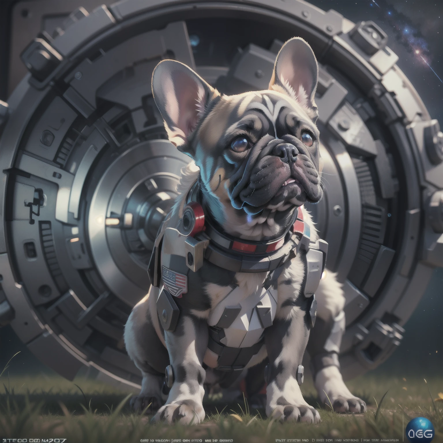 French Bulldog Puppy, French bulldog puppy with gray fur,Captain America, Planetary background light mecha, Stereoscopic effect, Renderizado em 3D, (best illustration), (CG super detalhado), Pintura Digital, Eyes of the Milky Way, ultra-definition, --iOS 120, Meticulous expression, HDR, Extremely high level of detail, motor irreal, cores ricas, octan render, 8k