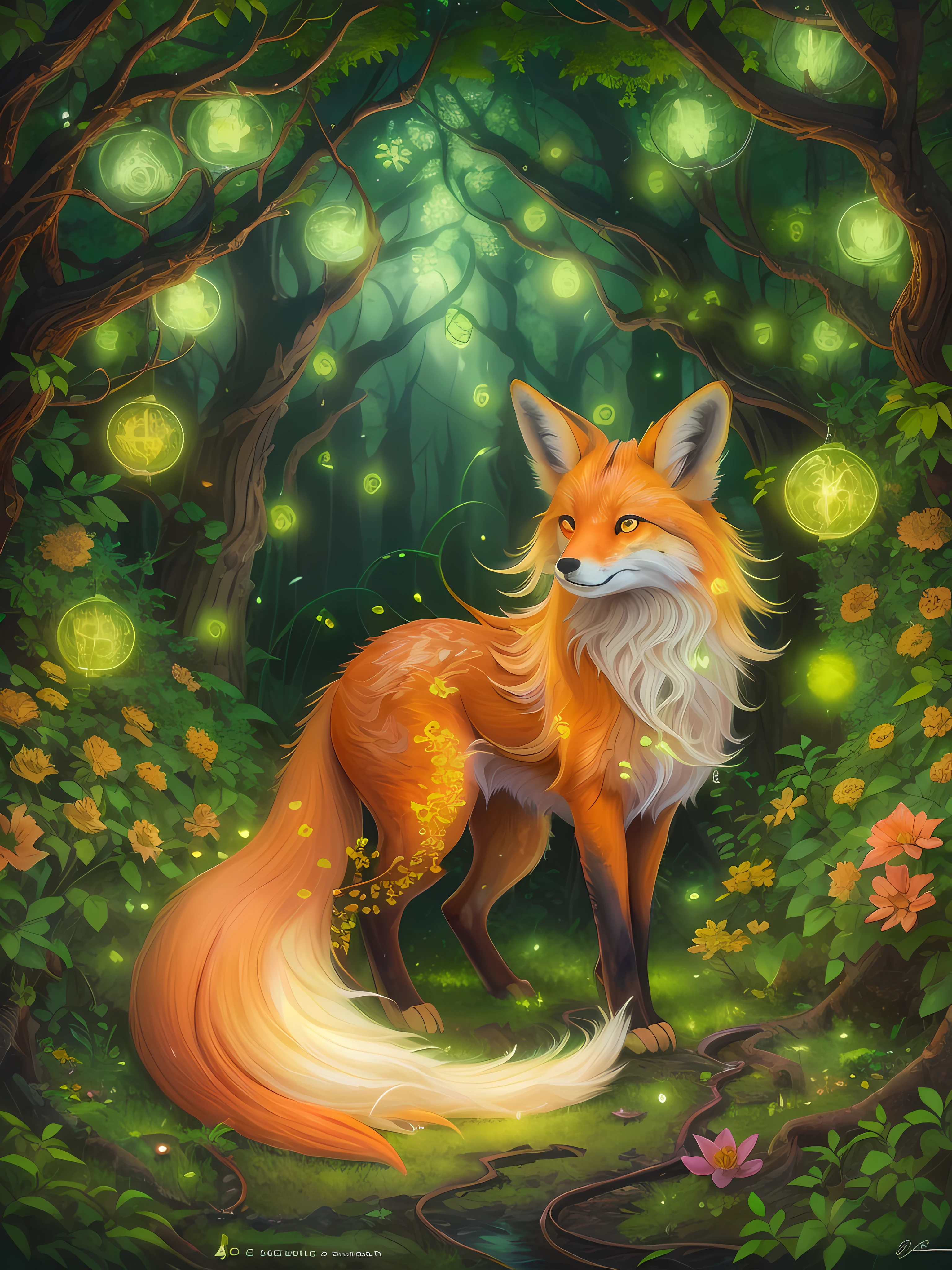 A beautiful digital painting of a nine tailed fox in a mystical forest. The fox is surrounded by glowing orbs of light and the forest is filled with lush green trees and flowers. The painting has a warm and inviting feeling.