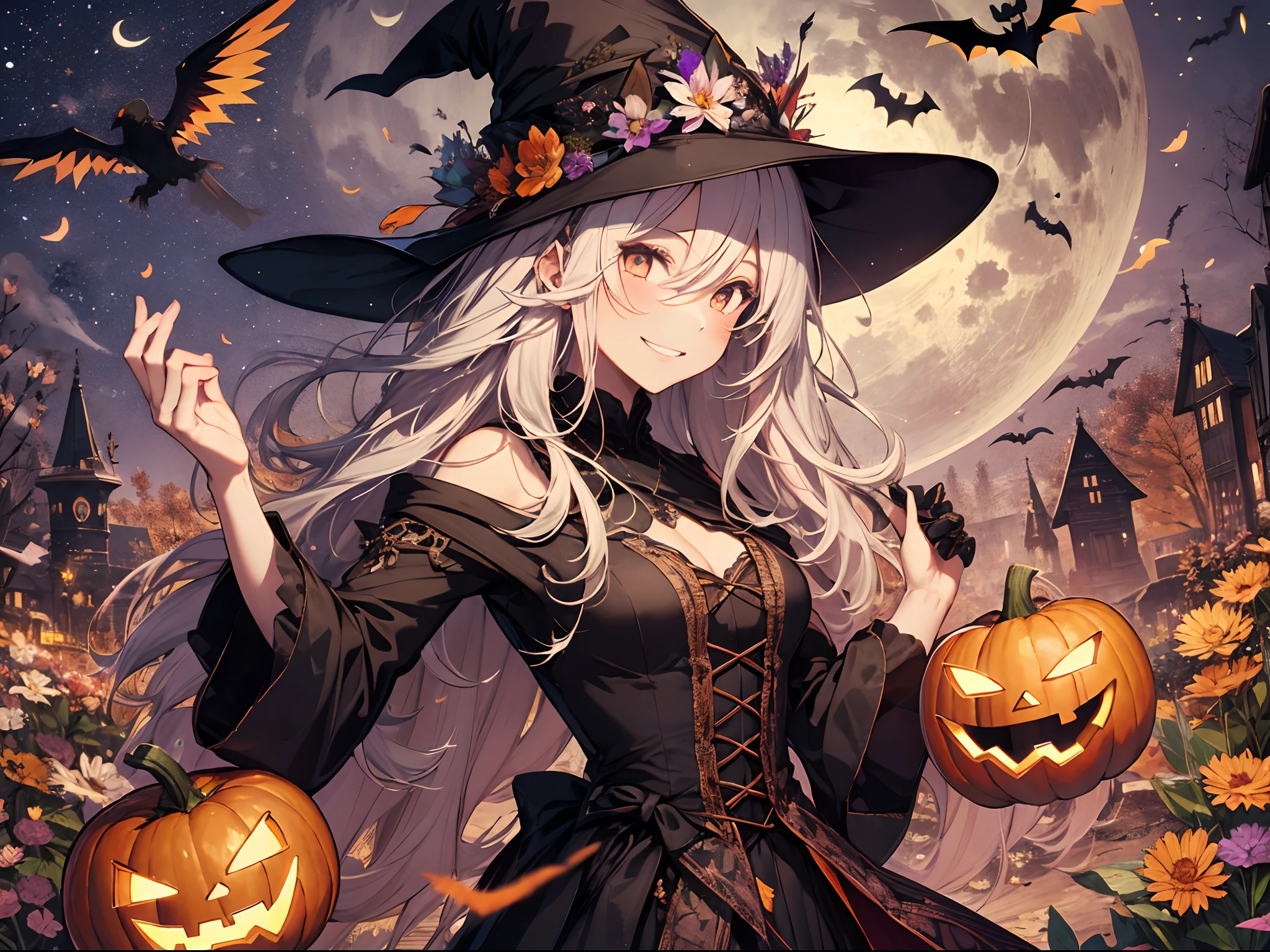 absurdres, highres, ultra detailed, (1girl:1.3) , Halloween witch, ((lovely smile)),wizard robes, wizard hat, Jack o'lantern, night, moon lighting,
BREAK, Halloween atmosphere,
 , kaleidoscopic imagery, symmetrical patterns, vibrant colors, geometric shapes, mesmerizing designs, optical illusions, dynamic composition
BREAK
, pantomime art, expressive body language, silent storytelling, evocative gestures, visual narratives, theatrical performances
BREAK
, blooming pumpkins, colorful petals, fragrant scents, nature's bounty, vibrant gardens, peaceful scenery