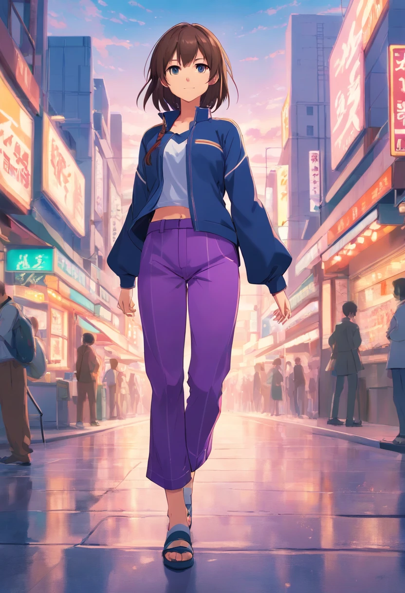 A female anime character named Natalie from Epic Battle Fantasy is pictured posing for a concept art photo. She has long hair and is wearing purple pants with long, flowing clothes that accentuate her natural pose. The full body concept showcases her clear outfit design and overall appearance as a humanoid fursona. This anime woman's full body art is a great example of detailed outfit design for any anime-styled character.