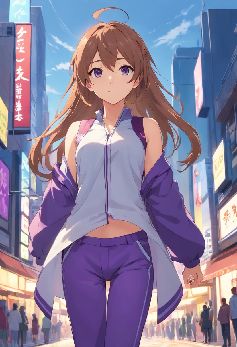 A female anime character named Natalie from Epic Battle Fantasy is pictured posing for a concept art photo. She has long hair and is wearing purple pants with long, flowing clothes that accentuate her natural pose. The full body concept showcases her clear outfit design and overall appearance as a humanoid fursona. This anime woman's full body art is a great example of detailed outfit design for any anime-styled character.