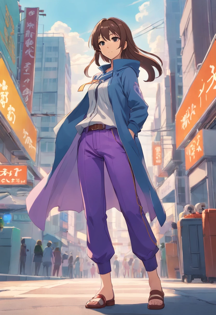 A female anime character named Natalie from Epic Battle Fantasy is pictured posing for a concept art photo. She has long hair and is wearing purple pants with long, flowing clothes that accentuate her natural pose. The full body concept showcases her clear outfit design and overall appearance as a humanoid fursona. This anime woman's full body art is a great example of detailed outfit design for any anime-styled character.