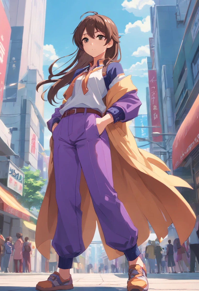 A female anime character named Natalie from Epic Battle Fantasy is pictured posing for a concept art photo. She has long hair and is wearing purple pants with long, flowing clothes that accentuate her natural pose. The full body concept showcases her clear outfit design and overall appearance as a humanoid fursona. This anime woman's full body art is a great example of detailed outfit design for any anime-styled character.