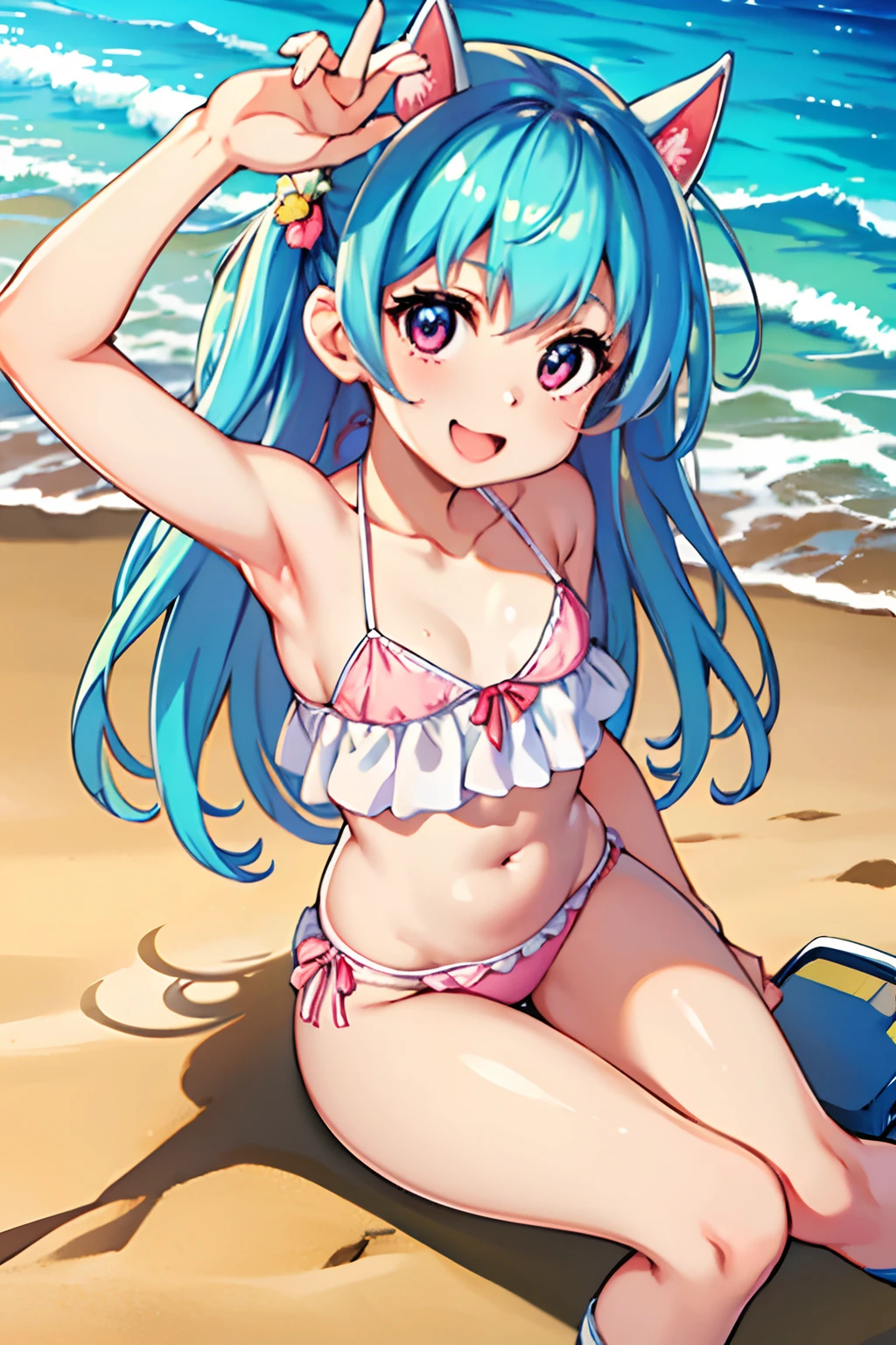 From  above、(cute little),high-level image quality、masutepiece、4K,8K,Anime Cell Style,Best Quality, hight resolution,1girl in,Lori,(flat-chest:1.2)The bikini,the beach、Sheer sunlight、Looking at Viewer,sitting on、Happy smile