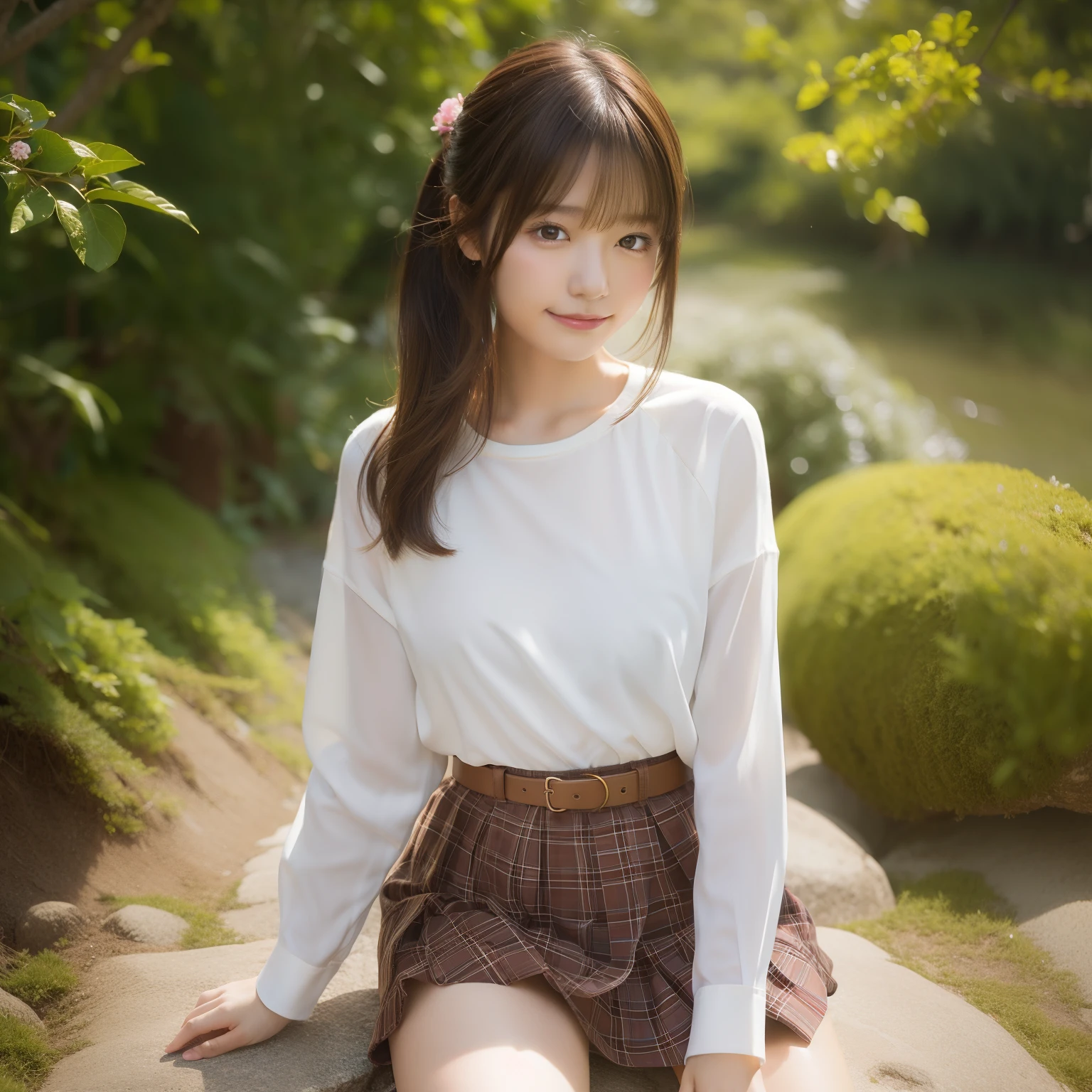 Realistic pictures of cute girls、White blouses、a miniskirt、Panchira、Bokeh