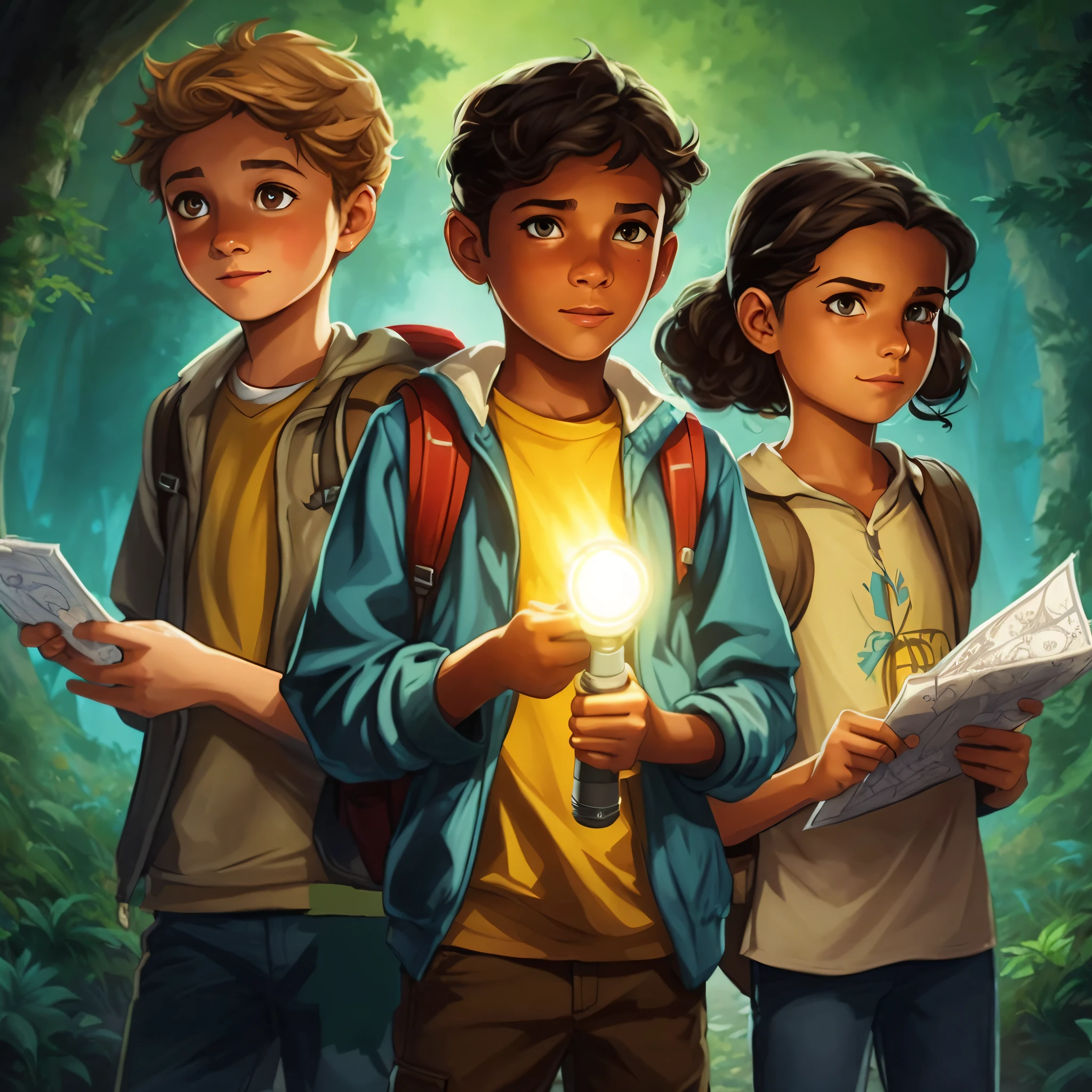 A closeup of two children holding a flashlight in a forest, arte promocional, arte chave do jogo, arte do jogo de capa, arte chave, official illustration, Arte Oficial, arte da capa do jogo de tabuleiro, arte-chave ambiental, imagem promocional, Estilo de jogos da Telltale, Game Illustration, Arte infantil em Artstation, arte oficial, epic full color illustration, Arte Promocional, arte do jogo, jogo de aventura