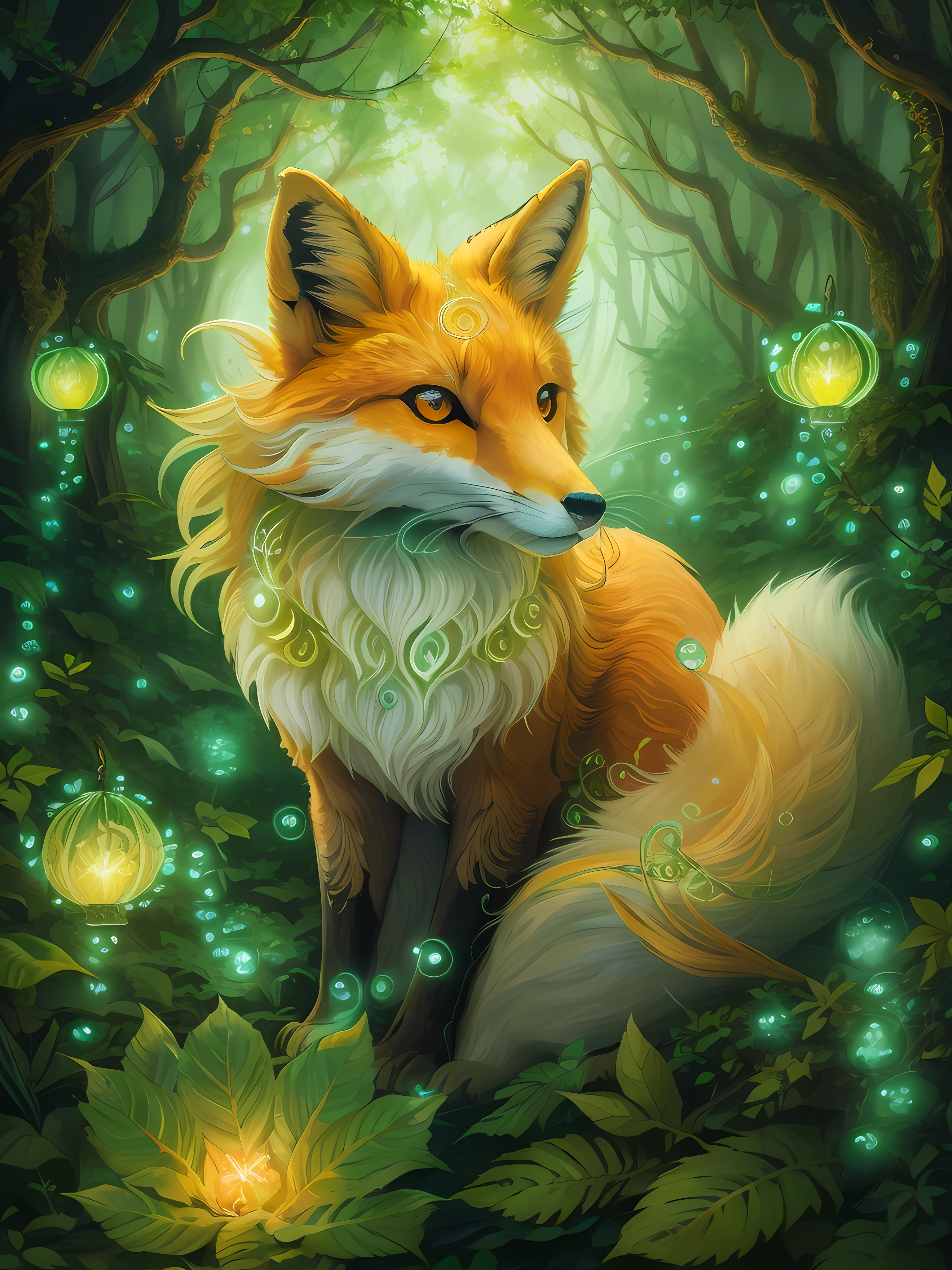 A beautiful digital painting of a nine tailed fox in a mystical forest. The fox is surrounded by glowing orbs of light and the forest is filled with lush green trees and flowers. The painting has a warm and inviting feeling.