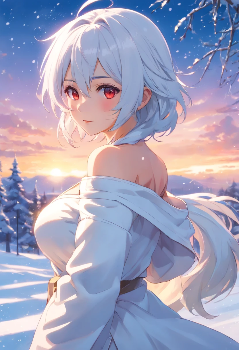 one-girl,White clothes,Off-the-shoulder attire,White hair,Huge breasts,cleavage,red fox,Ice and snow,In the snow,Blizzarding,