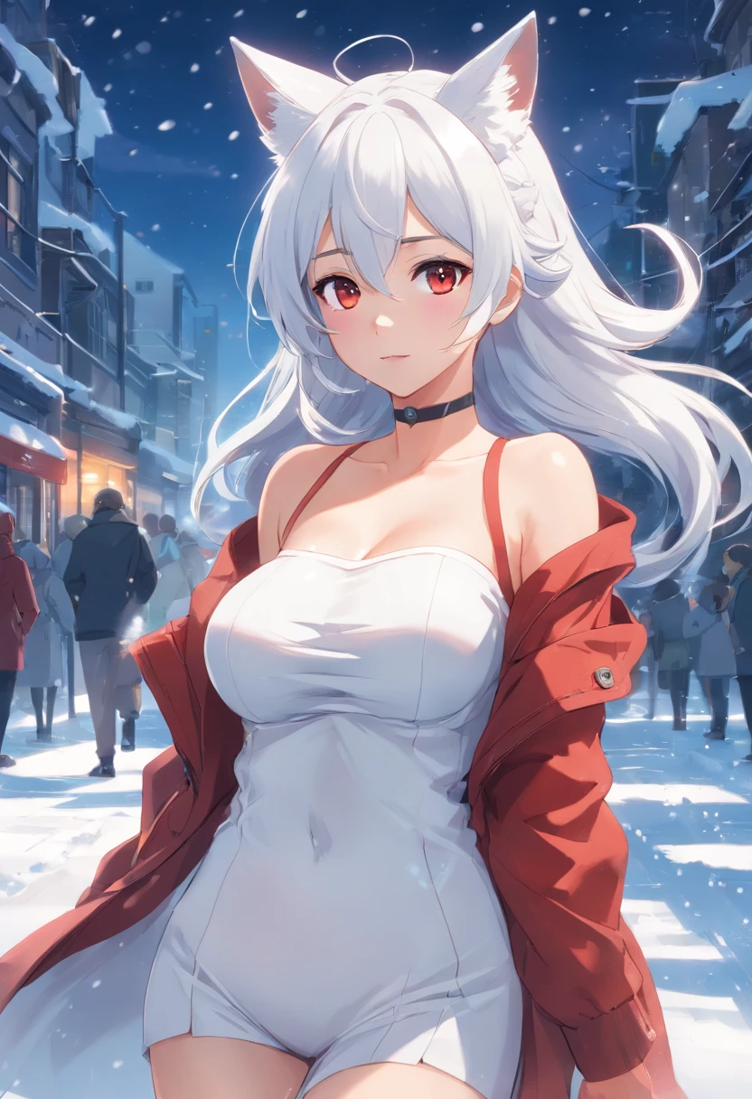 one-girl,White clothes,Off-the-shoulder attire,White hair,Huge breasts,cleavage,red fox,Ice and snow,In the snow,Blizzarding,