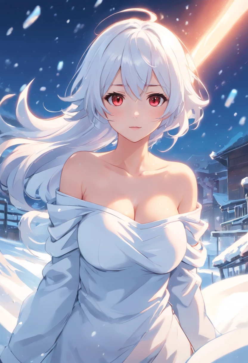 one-girl,White clothes,Off-the-shoulder attire,White hair,Huge breasts,cleavage,red fox,Ice and snow,In the snow,Blizzarding,