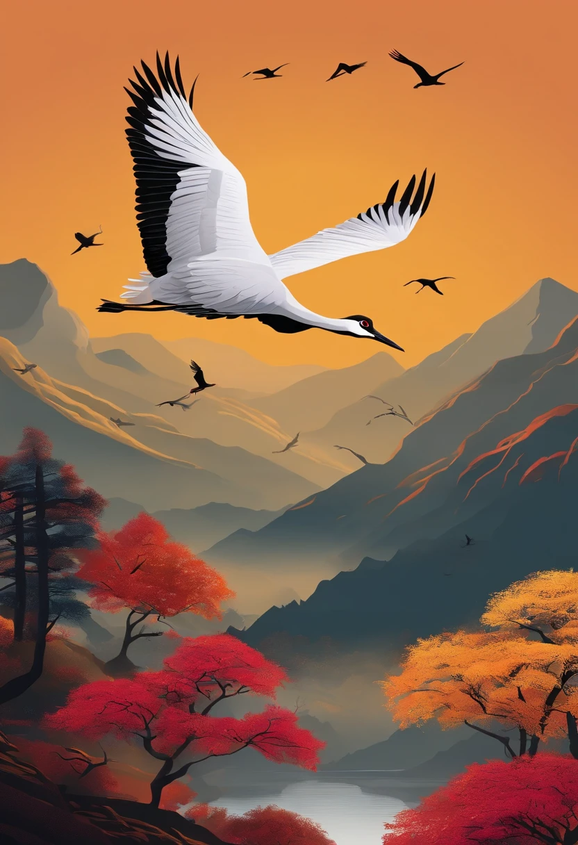 Cranes fly over the mountains