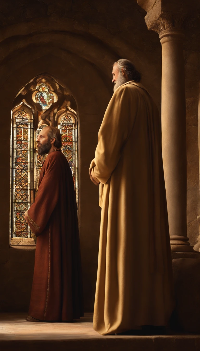 (best quality,ultra-detalhado,Realistic:1.37),The Apostle Paul, de vestes compridas, olhando para a tela,traje religioso,ultra photo-realistic rendering,Simbolismo religioso,peaceful expression,estilo de arte medieval,ambiente do mosteiro,cores vibrantes,soft lighting.