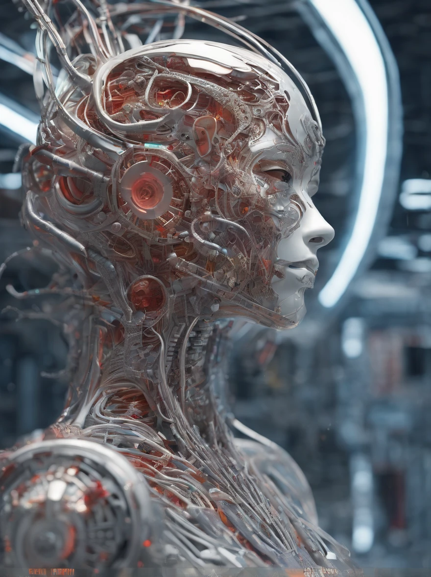 nousr robot, complex 3d render ultra detailed of a death god, male biomechanical cyborg, analog, 150 mm lens, beautiful natural soft rim light, big leaves and stems, roots, fine foliage lace, colorful details, samourai, Boris Bidjan Saberi outfit, pearl earring, piercing, art nouveau fashion embroidered, intricate details, mesh wire, mandelbrot fractal, anatomical, facial muscles, cable wires, microchip, badass, hyper realistic, ultra detailed, octane render, volumetric lighting, 8k post-production, red and white with a bit of black, detailled metalic bones, semi human, iridescent colors, Glenn Brown style, white room, power of the god, high-angle shot, complex body poses