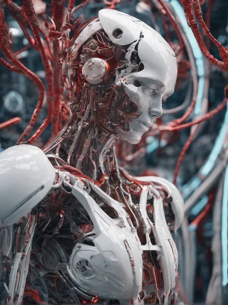 Ultra Realistic Photo, Gaia, the white female robot goddess (((Attached to the electronic tree of life))), (((Red neon light))), Humanoid robot on the head of the electronic system, Detailed connecting lines, Mechanical limbs, Tubes attached to mechanical parts, Mechanical vertebrae attached to the spine, mechanical cervical attachment to the neck, wires and cables connecting to head, (((Lead on the operating table))), (((The cable connected to the monitor))) | Biopunk