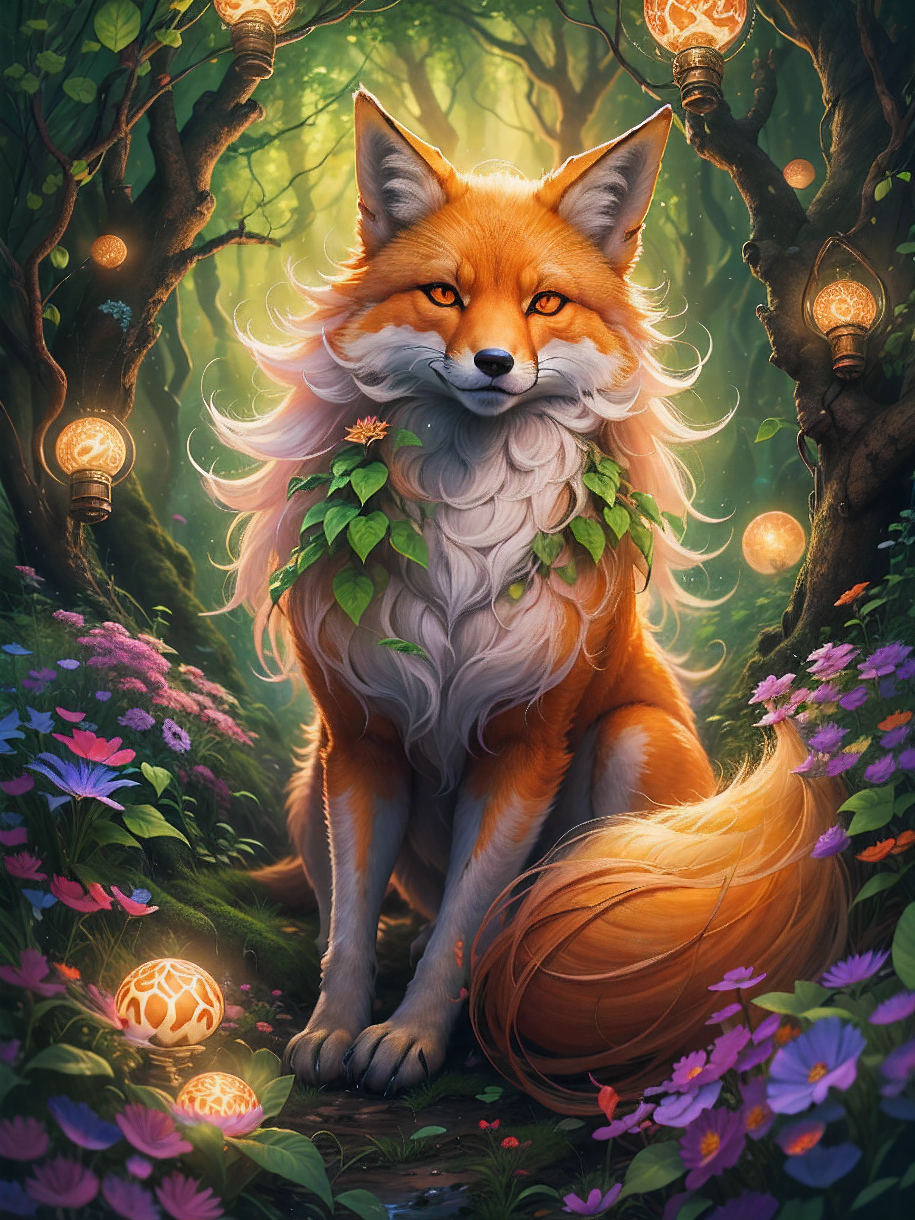 A beautiful digital painting of a nine tailed fox in a mystical forest. The fox is surrounded by glowing orbs of light and the forest is filled with lush green trees and flowers. The painting has a warm and inviting feeling.