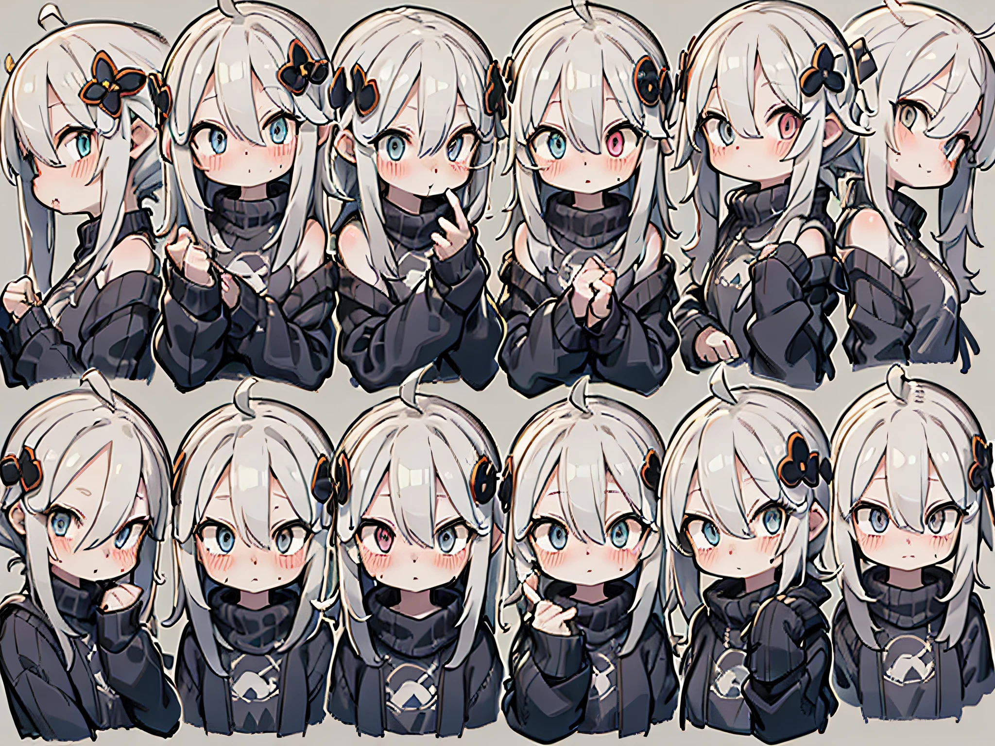 9 poses and expressions,9 panel grid,9 emotions and expressions,9 emojis,1girl,?,blush,multiple views,blue eyes,hair ornament,off shoulder,closed mouth,sweater,looking at viewer,upper body,grey background,bangs,v-shaped eyebrows,white hair,simple background,grey eyes,hair between eyes,:<,jacket,ahoge,long hair,grey sweater,sweat,black jacket,grey hair,turtleneck,heterochromia,