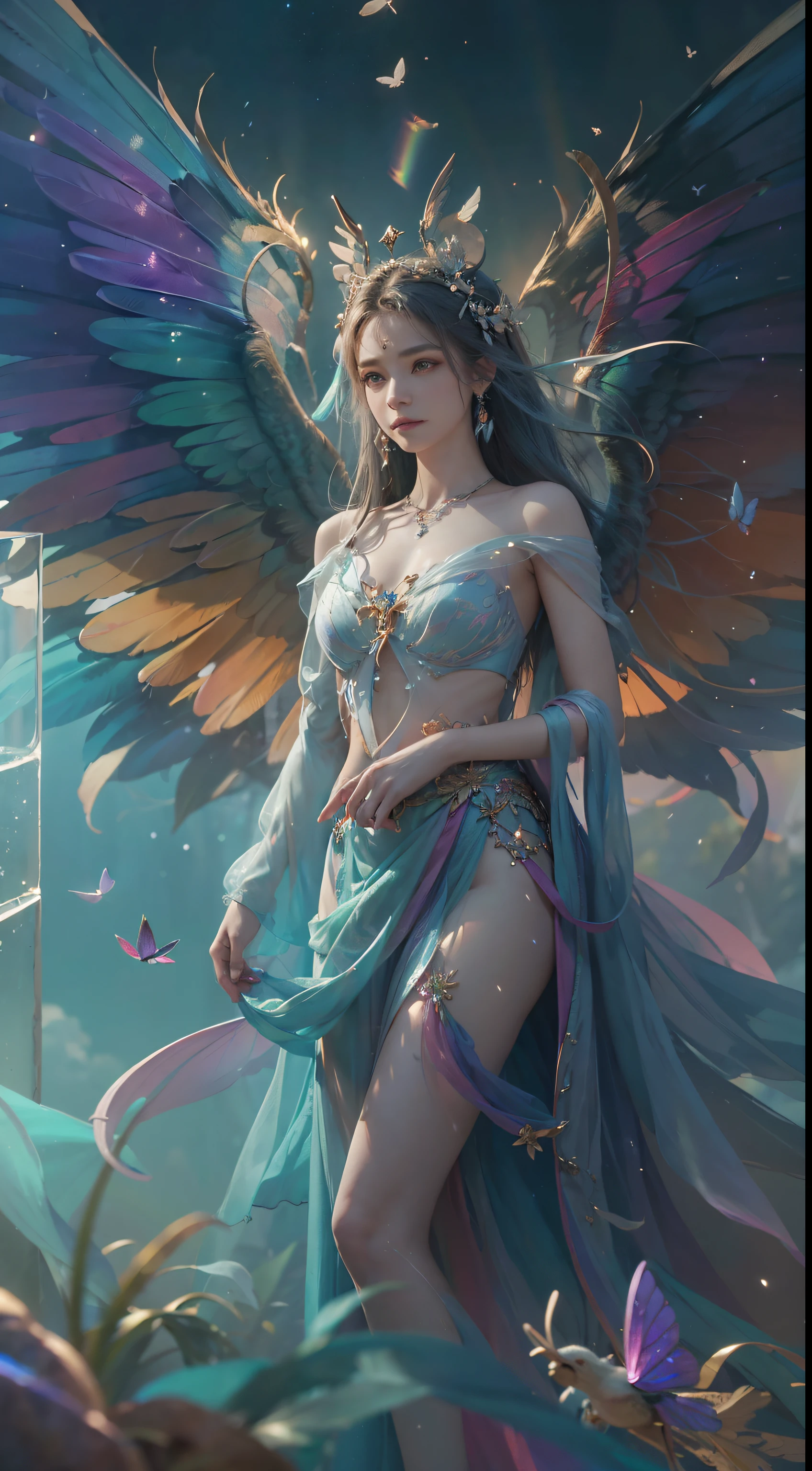 (((masterpiece))), (((best quality))), ((ultra-detailed)),(highly detailed CG illustration), ((an extremely delicate and beautiful)),cinematic light, Create a stunning fantasy artwork that mimics the style of currently trending masters of the genre. The art piece should contain elements of both mythic fantasy and fairytale fantasy with dreamy rainbow accents. ((Utilize the rainbow as the main color scheme.)) The character in the artwork is a delicate but strong petite figure with an aura of mystery and magic and (beautiful translucent rainbow wings). Pay close attention to intricate facial features, such as mesmerizing eyes with vibrant colors and bold shading. The character's clothing should be designed with gossamer feathers, silk, stunning embroidery, and subtle iridescent details. Incorporate (((translucent rainbows))), dreamy colors, dynamic lighting, and detailed background elements to create a sense of awe and immersion. Include colorful flying magical birds and jewel-toned rainbow butterflies radiating a magical aura. Consider the latest trends in fantasy art, such as incorporating unique lighting effects, exploring dynamic and compelling composition techniques, and experimenting with unique color palettes. Take inspiration from the top artists on ArtStation and Midjourney. Camera: Choose an angle that highlights the character's beauty and enhances the magical majesty of the artwork. Lighting: Utilize atmospheric lighting techniques to create depth and mood. Resolution: Aim for a high-resolution artwork to showcase intricate details and clarity. Art Inspirations: Seek inspiration from the trending artists on ArtStation, exploring different styles, genres, and themes,(8K, RAW photo, highest quality),Realistic,facade,Intricate detail,Extremely detailed eyes and eyelashes,Portrait,Close-up,, digital SLR camera, super quality, Fujifilm realistic, vivid details, surreal, beautiful wallpapers, 8k, best quality, masterpiece, extremely detailed, pc graphics, unity,