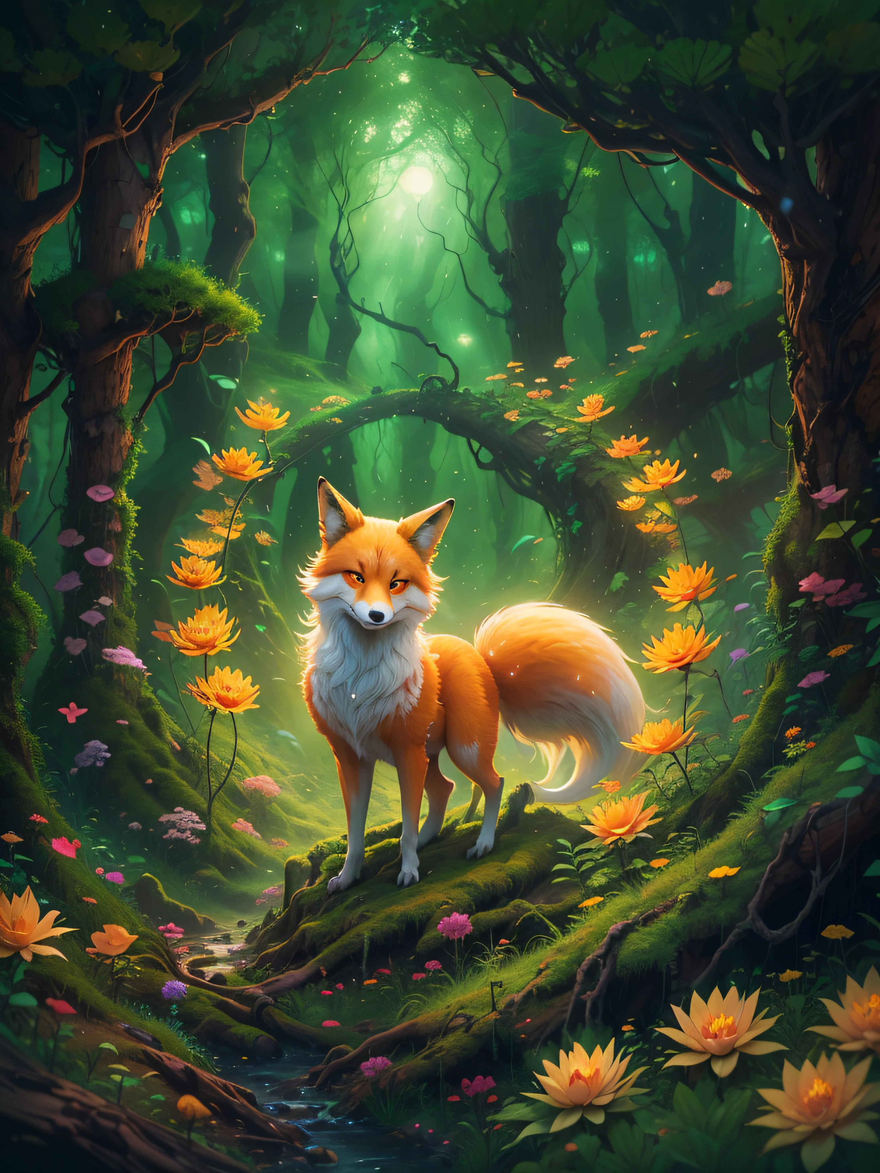 Baby Fox, Blue Eyes, Sitting in the Wood, Beam of Light, Dream Quality, Angle Face, Digital Art