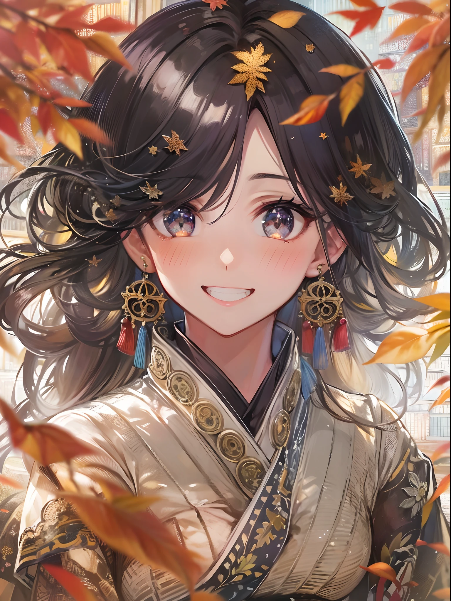 masutepiece, Best Quality, Ultra-detailed, Extremely detailed, 4K, 8K, Best Quality, Beautiful, Library, Autumn, Pretty old sister, Solo, Traditional costumes, Beautiful black hair, Beautiful black eyes, Ahoge,huge-breasted, lightsmile, sparkling effect