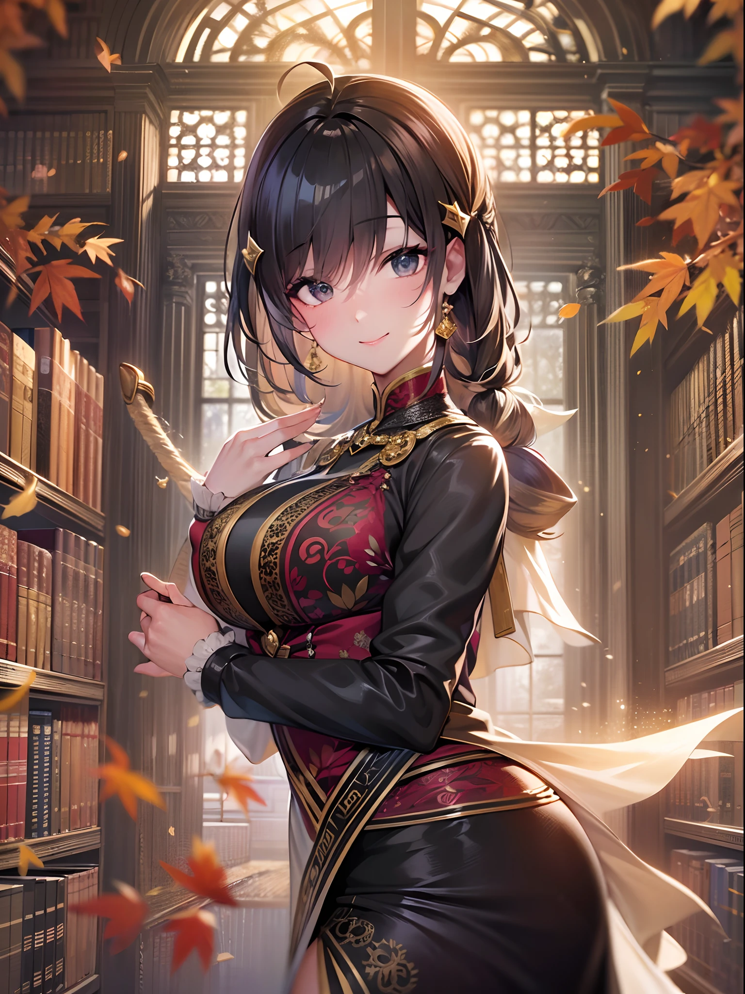 masutepiece, Best Quality, Ultra-detailed, Extremely detailed, 4K, 8K, Best Quality, Beautiful, Library, Autumn, Beautiful adult woman, Solo, Goddess of Art, Beautiful black hair, Beautiful black eyes, Ahoge,(huge-breasted:1.3), lightsmile, sparkling effect