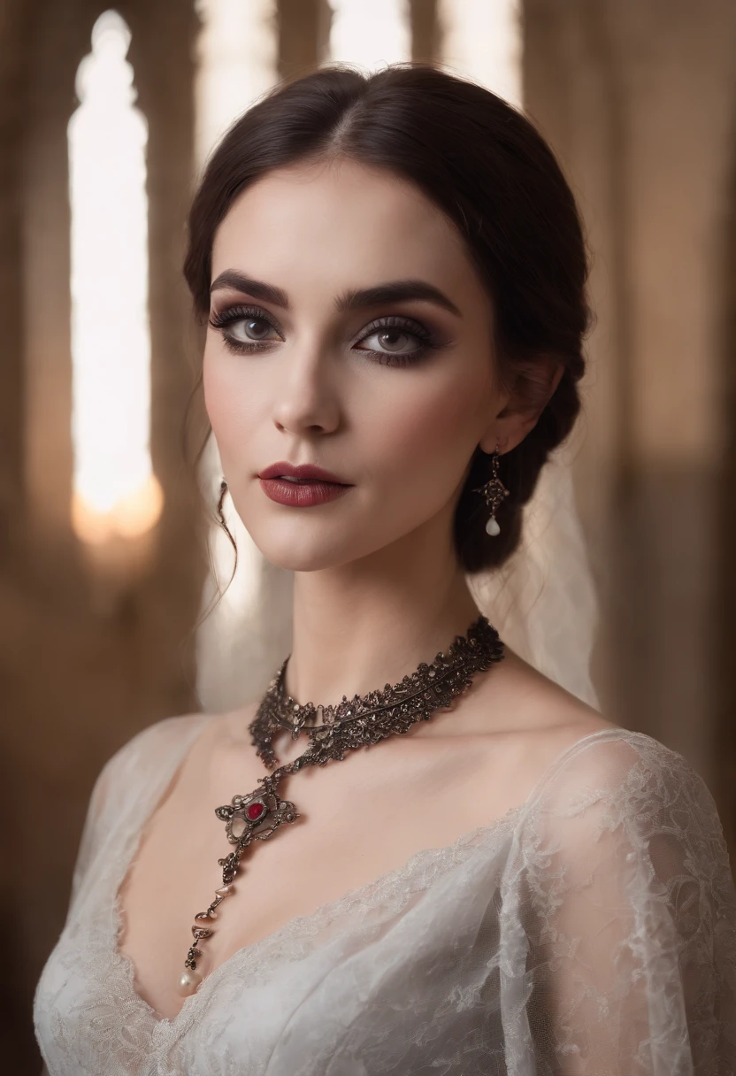 Beautiful woman with gothic net symbolic clothes, Burnette color hair, dark gothic makeup, (large eyes:1.2), ((wearing cartier earrings and necklaces jewelry)), (standing in candle lit old church), posing for photo, skin texture, ultra high res, camera Hasselblad X2D, lens 38mm f/11
