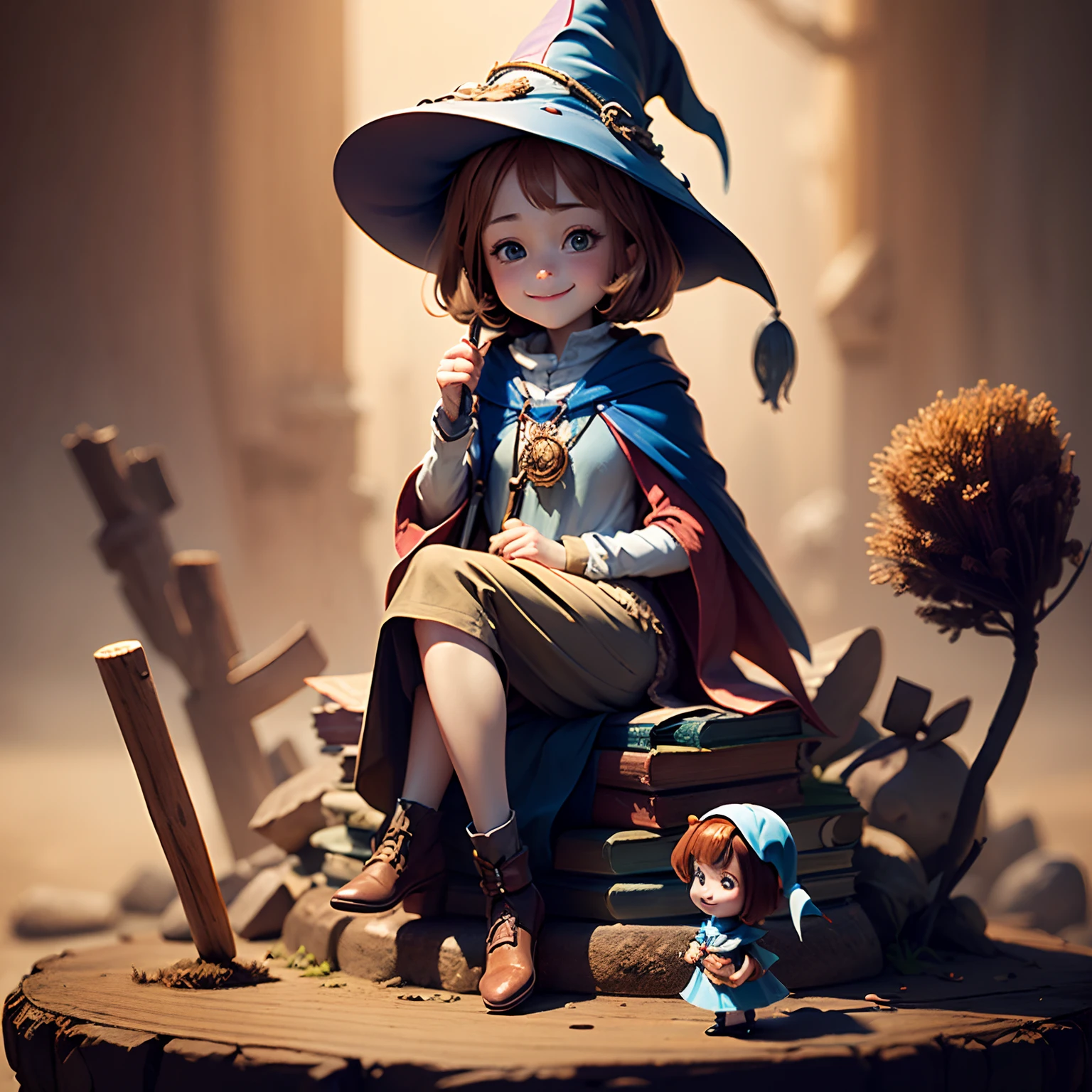 masterpiece、top-quality、ultra-detailliert、(Sally the Little Character Wizard:1.7)、A charming smile、Brown hair、dynamicposes、Sit on a stick of a mop
