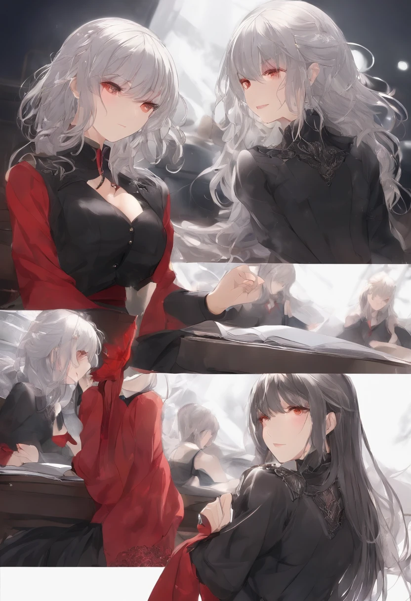 Masterpiece, Best quality, Black and red theme, 2 Girls who practice fairy arts, Skinny, Delicate messy gray hair, Glowing eyes, black black jacket,Naked breasts,Sit upright,Classroom,鎖骨,Datasheet