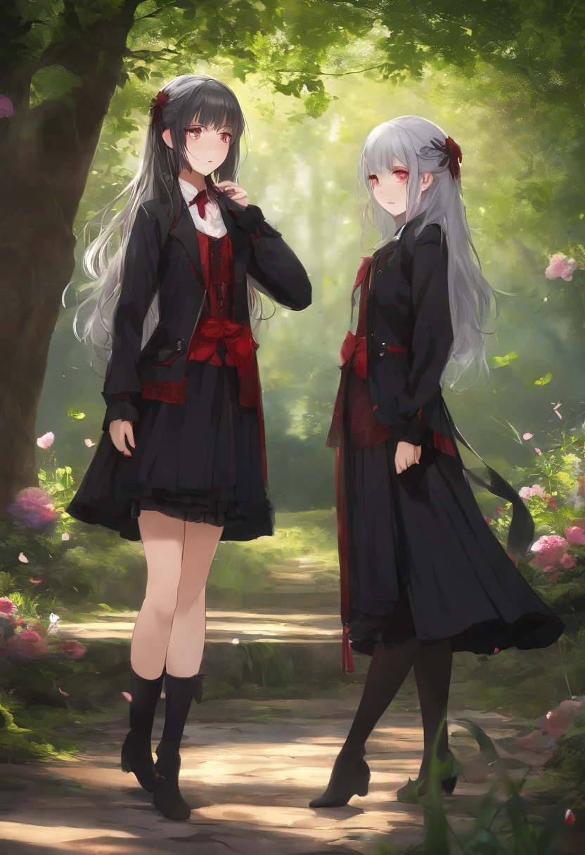 Masterpiece, Best quality, Black and red theme, 2 Girls who practice fairy arts, Skinny, Delicate messy gray hair, Glowing eyes, black black jacket,Naked breasts,Sit upright,Classroom,鎖骨,Datasheet