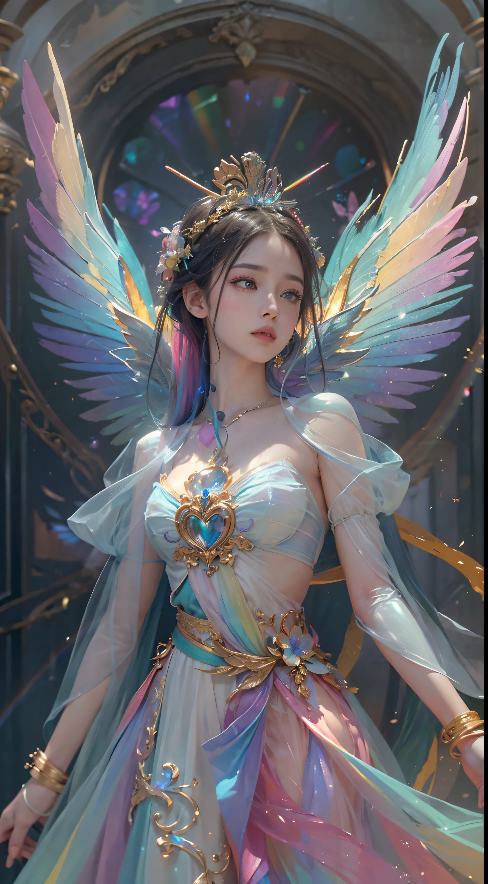 (((masterpiece))), (((best quality))), ((ultra-detailed)),(highly detailed CG illustration), ((an extremely delicate and beautiful)),cinematic light, Create a stunning fantasy artwork that mimics the style of currently trending masters of the genre. The art piece should contain elements of both mythic fantasy and fairytale fantasy with dreamy rainbow accents. ((Utilize the rainbow as the main color scheme.)) The character in the artwork is a delicate but strong petite figure with an aura of mystery and magic and (beautiful translucent rainbow wings). Pay close attention to intricate facial features, such as mesmerizing eyes with vibrant colors and bold shading. The character's clothing should be designed with gossamer feathers, silk, stunning embroidery, and subtle iridescent details. Incorporate (((translucent rainbows))), dreamy colors, dynamic lighting, and detailed background elements to create a sense of awe and immersion. Include colorful flying magical birds and jewel-toned rainbow butterflies radiating a magical aura. Consider the latest trends in fantasy art, such as incorporating unique lighting effects, exploring dynamic and compelling composition techniques, and experimenting with unique color palettes. Take inspiration from the top artists on ArtStation and Midjourney. Camera: Choose an angle that highlights the character's beauty and enhances the magical majesty of the artwork. Lighting: Utilize atmospheric lighting techniques to create depth and mood. Resolution: Aim for a high-resolution artwork to showcase intricate details and clarity. Art Inspirations: Seek inspiration from the trending artists on ArtStation, exploring different styles, genres, and themes,(8K, RAW photo, highest quality),Realistic,facade,Intricate detail,Extremely detailed eyes and eyelashes,Portrait,Close-up,, digital SLR camera, super quality, Fujifilm realistic, vivid details, surreal, beautiful wallpapers, 8k, best quality, masterpiece, extremely detailed, pc graphics, unity,
