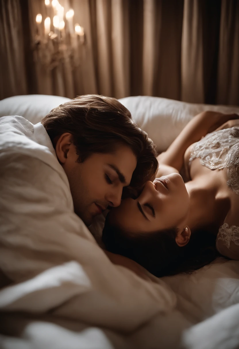 a couple lying on a fluffy white bed, dimly lit room, intimate atmosphere, sensual expression, passionate moment, soft and luxurious bed sheets, gentle caresses, warmth and tenderness, slow and romantic love-making, intense pleasure, deep connection, harmonious movements, deep eye contact, loving whispers, ecstasy, pleasure-filled moans, satisfying climax, intimate bond, physical and emotional connection