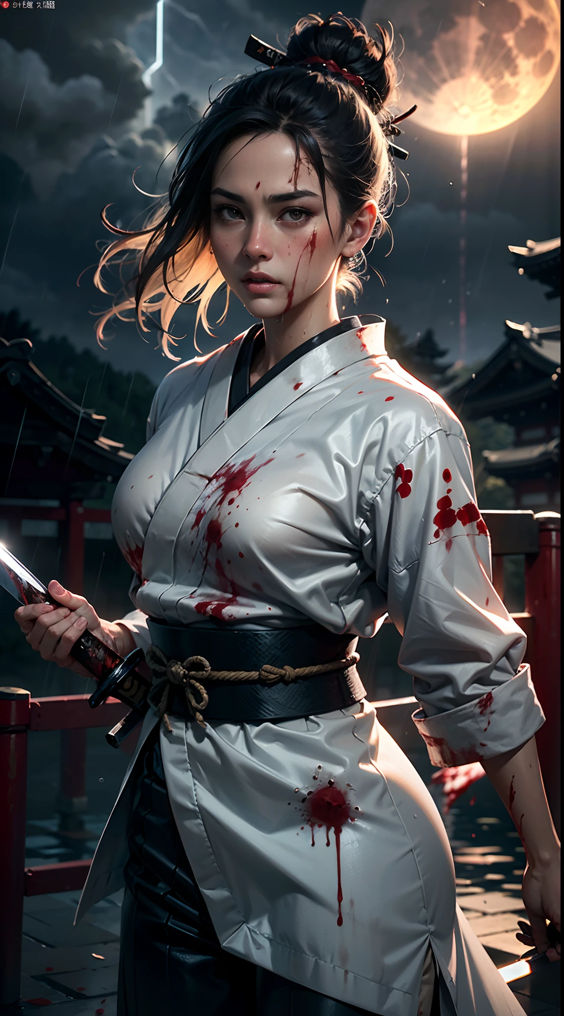 [object Object], (Detailed face features:1.3),1woman,delicate face,bright eyes,beautiful face,((japanese princess)),in the palace,japanese architecture,flames of war raging everywhere,((fighting stance:1.2)),((blunt bangs)),outdoor,((wet clothes)),wet skin,((stormy rain:1.3)),cloudy sky,((Japanese Warring States  samurai clothing:1.3)),red color sky,((full-moon:1.2)),at night,fierce wind,dynamic shot,black hair,long hair, ,Phoenix patterned clothing,
(RAW photo, 16k, masterpiece, best quality: 1.2), (ultra realism, hyper detailed and intricate realism: 1.3), (wide depth of field, radiant mapping, ray tracing, god rays: 1.2), High dynamic range, vivid, rich details, clear shadows and highlights, realistic, intense, enhanced contrast,(((samurai sword in hand))),((blood on face:1.3)),((damaged clothing:1.3)),HDR,natural lighting,chignon,strong gaze