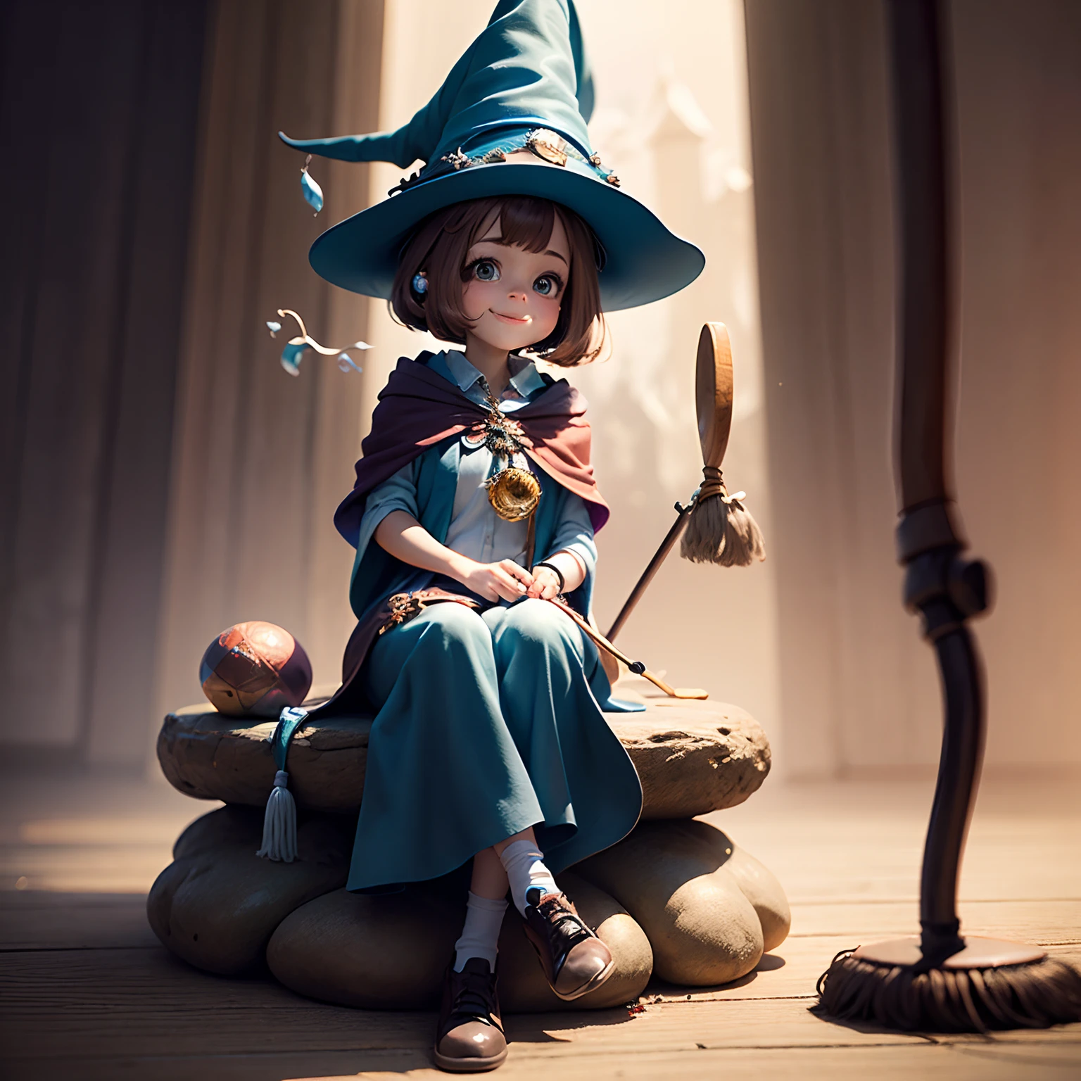 masterpiece、top-quality、ultra-detailliert、(Sally the Character Wizard:1.7)、A charming smile、Brown hair、dynamicposes、Sit on a stick of a mop