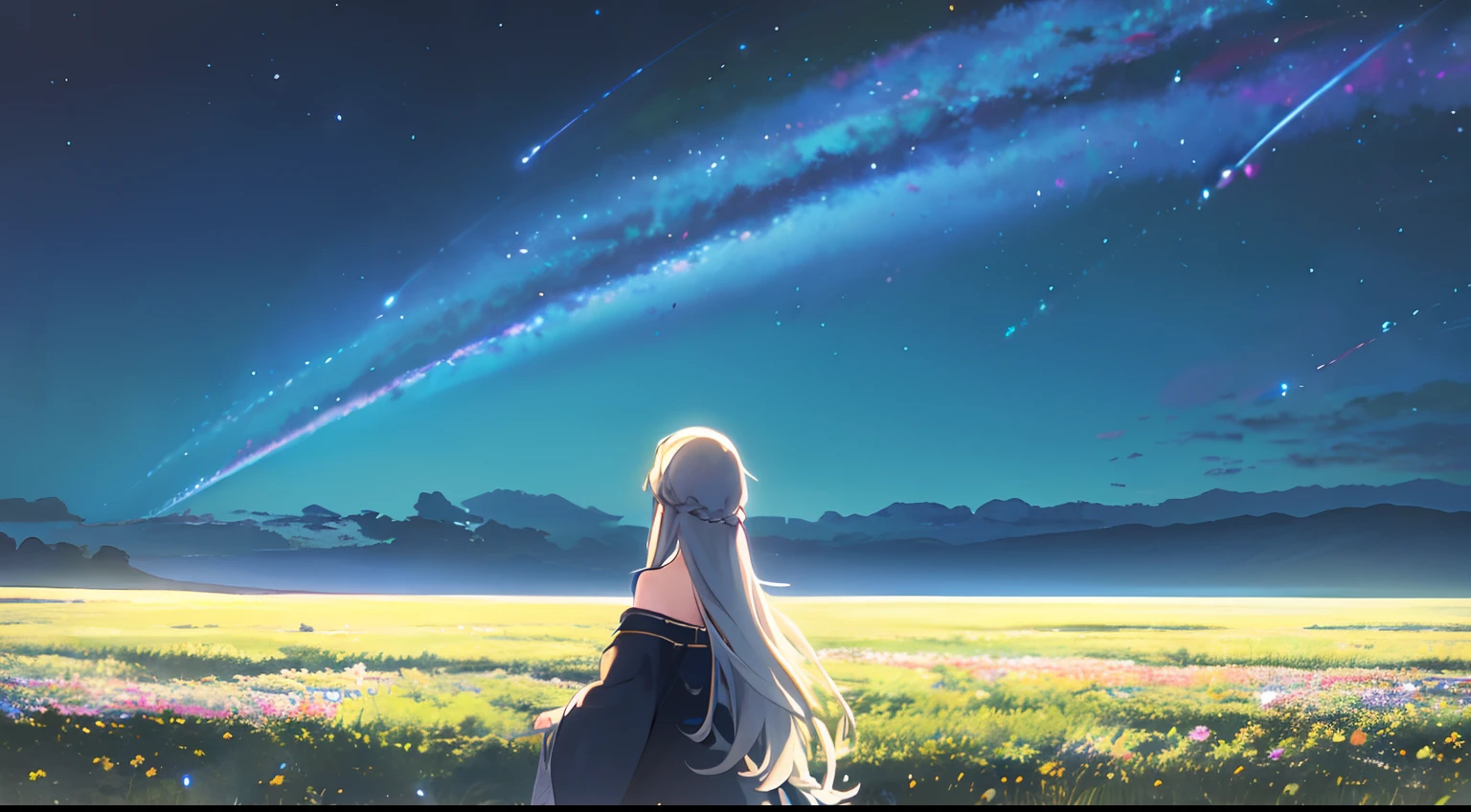 masterpiece, best quality, 1lady, solo, very long white hair, blowing hair, (flower hair ornament), (braided hair ornament), earrings, behind view, back view, night, Vast sky, beautiful skyline, large grassland, moving visual effects, hanging north star, colorful natural light, fireflies, tree, forest, fantasy, off shoulder blue dress, night scenery