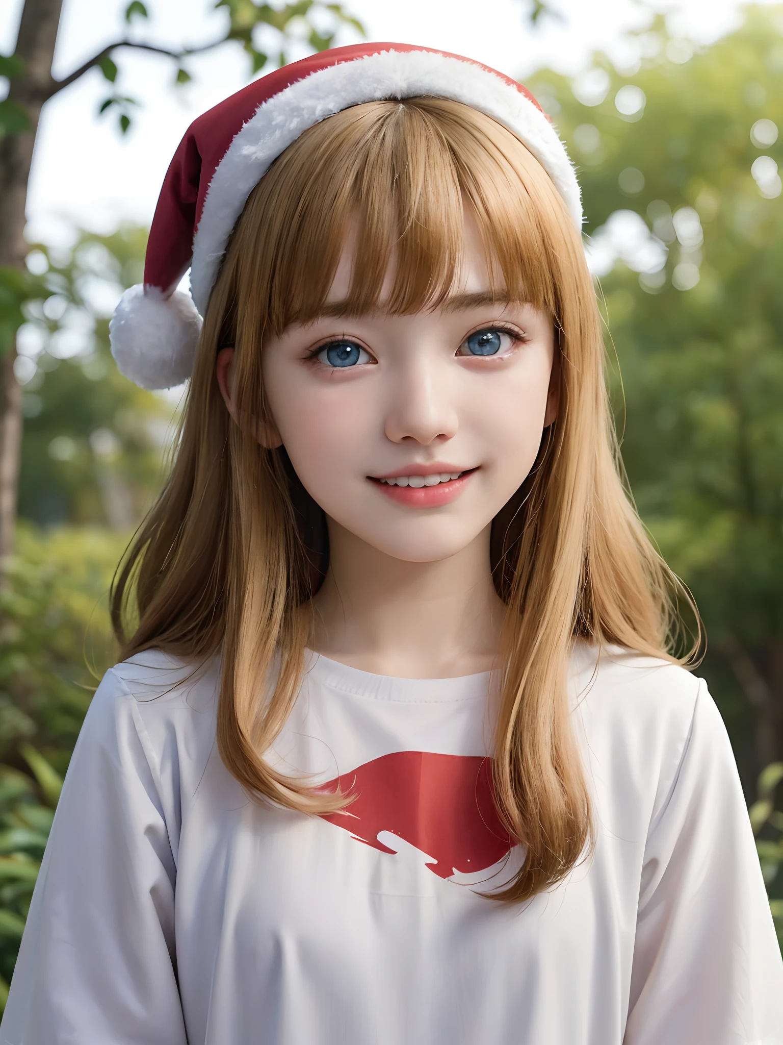 (masuter piece、Best Quality、masutepiece、Cute symmetrical face、Norse man、Beautiful blonde hair with bangs、1 girl、Very young pretty girl、Very young pretty girl、Very small cute girl、Deities々Shii Girl、Very young face、Symmetrical and very cute face)、(Beautiful shiny beautiful blonde hair with bangs、Intense crystal light blue eyes、no earrings、Beautiful white skin)、(Red and white Santa Claus costume、Red and white Santa Claus hat、Cute Santa Claus girl)、5years old、Very young pretty girl:1.5、Deities々Cute little girl、Very cute girl、happily laughing、Smile happily、The best smile、Beautiful teeth、Beautiful teeth alignment、Beautiful skins、Staring into the distance on the left、Forest with light on beautiful nature background、Deities々Deep forest background、cowboy shot